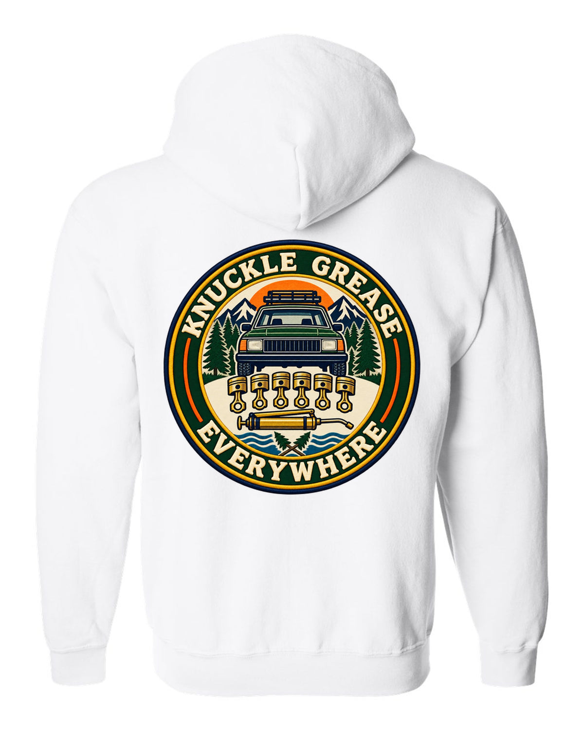 Badge crest of a Toyota Land Cruiser FZJ80 inline-six with Knuckle Grease Everywhere lettering white zip hoodie back view with the design