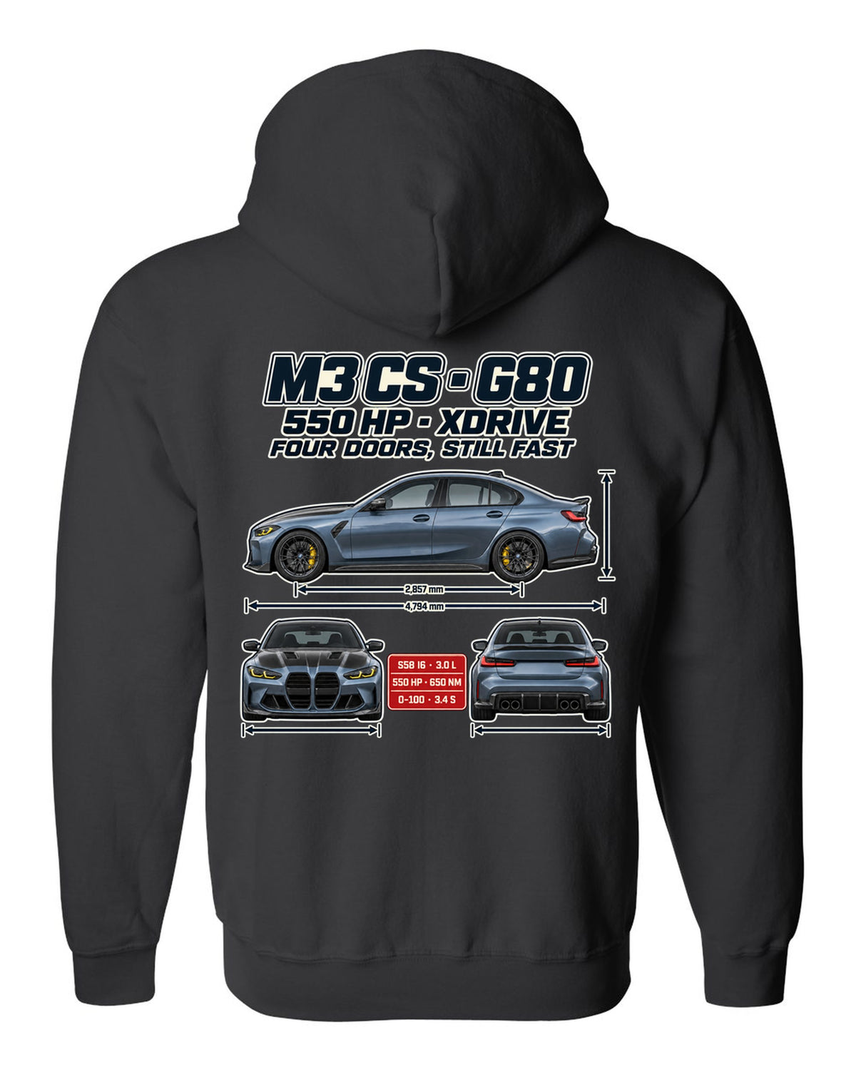 BMW M3 CS G80 2023 spec poster print black zip hoodie back view with the design