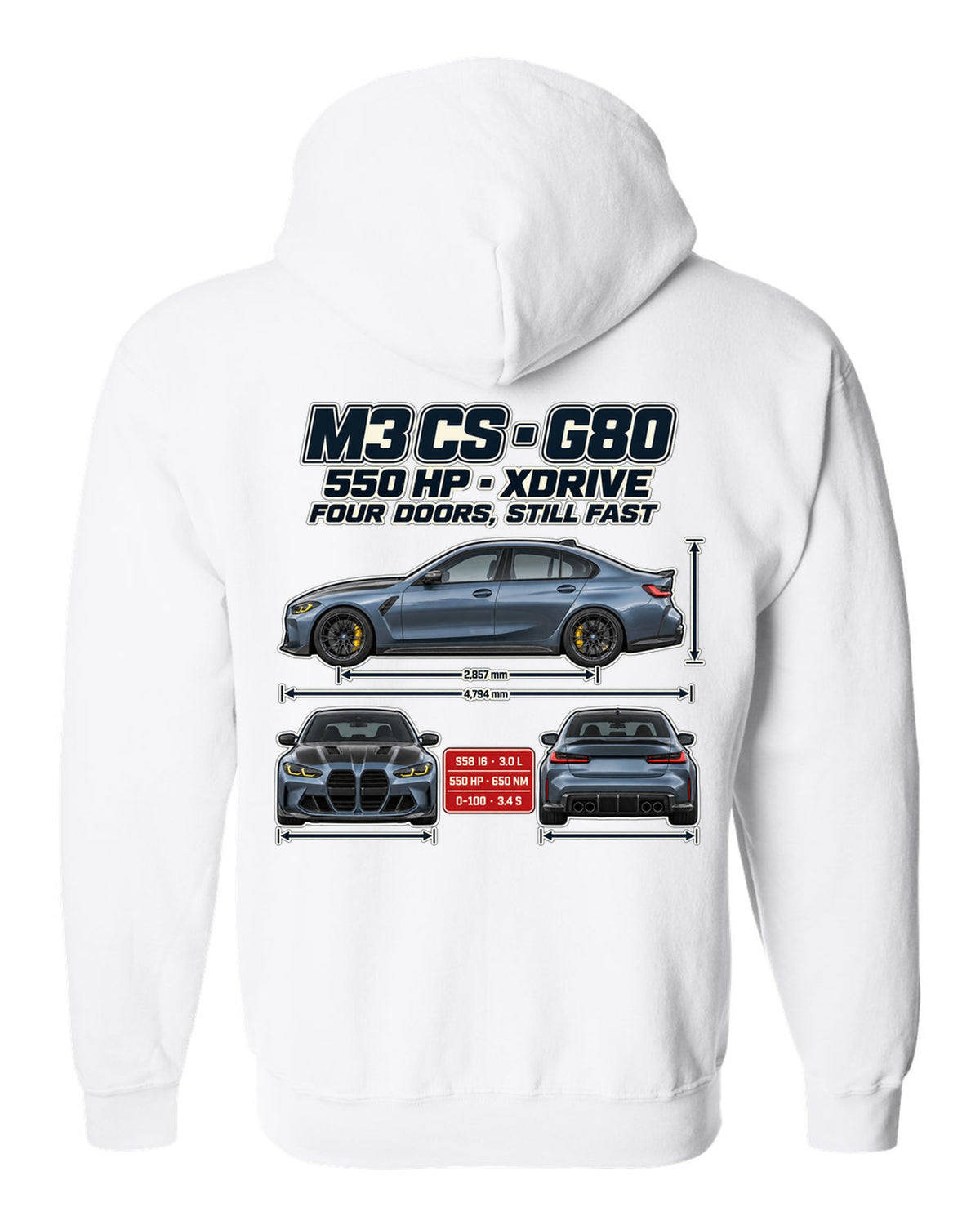 BMW M3 CS G80 2023 spec poster print white zip hoodie back view with the design