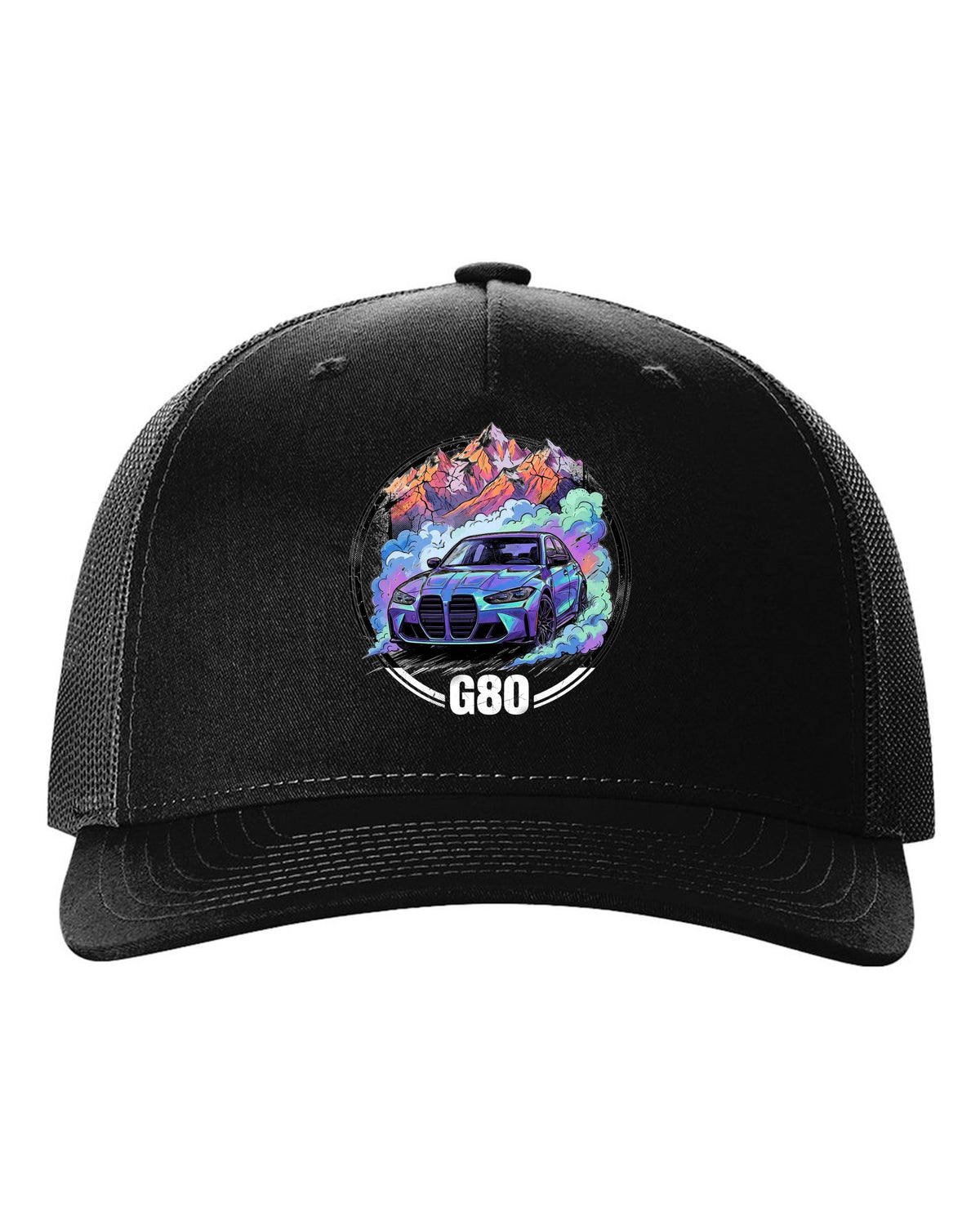 BMW M3 G80 Alps black trucker hat front view with the design