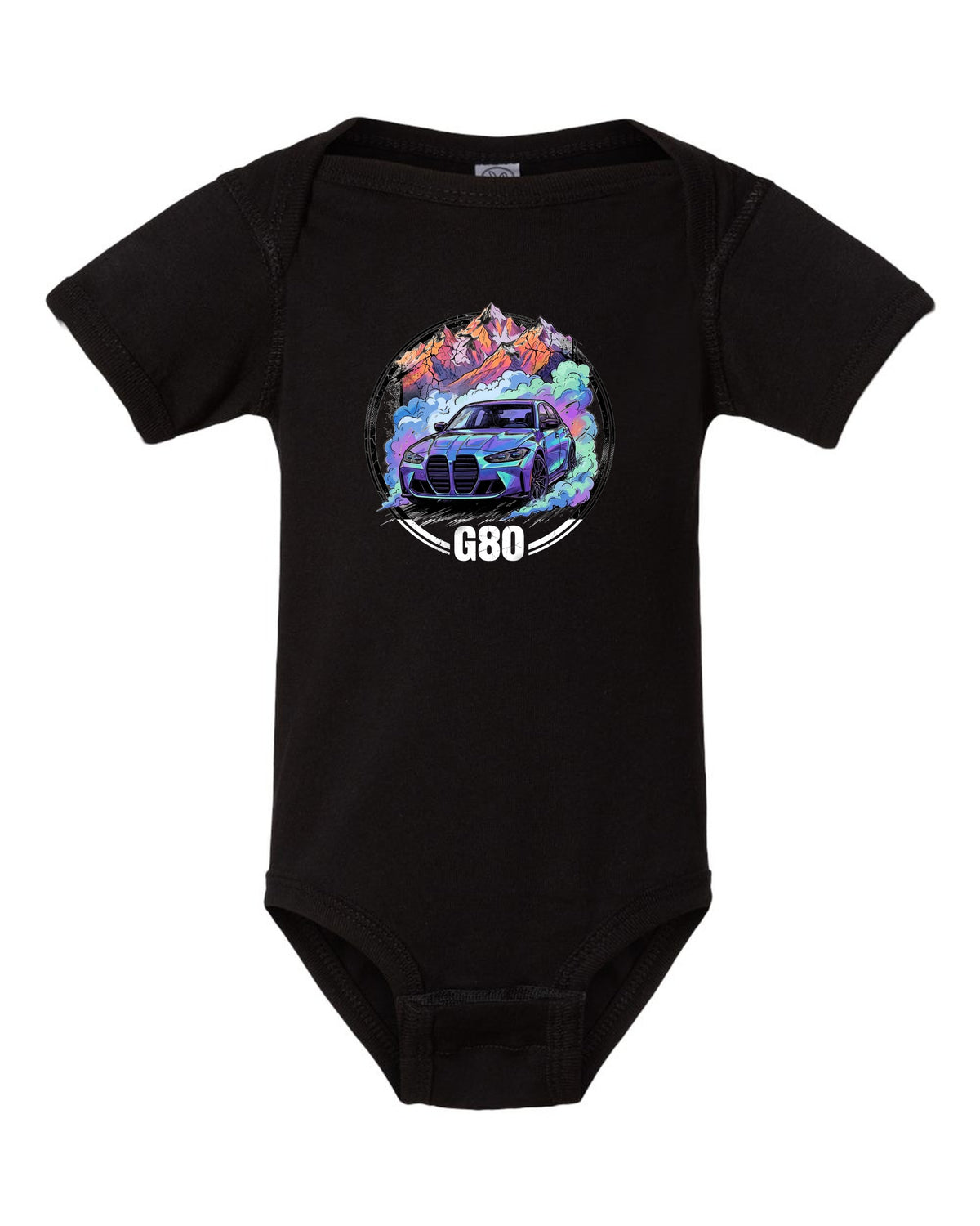 BMW M3 G80 Alps black baby onesie front view with the design