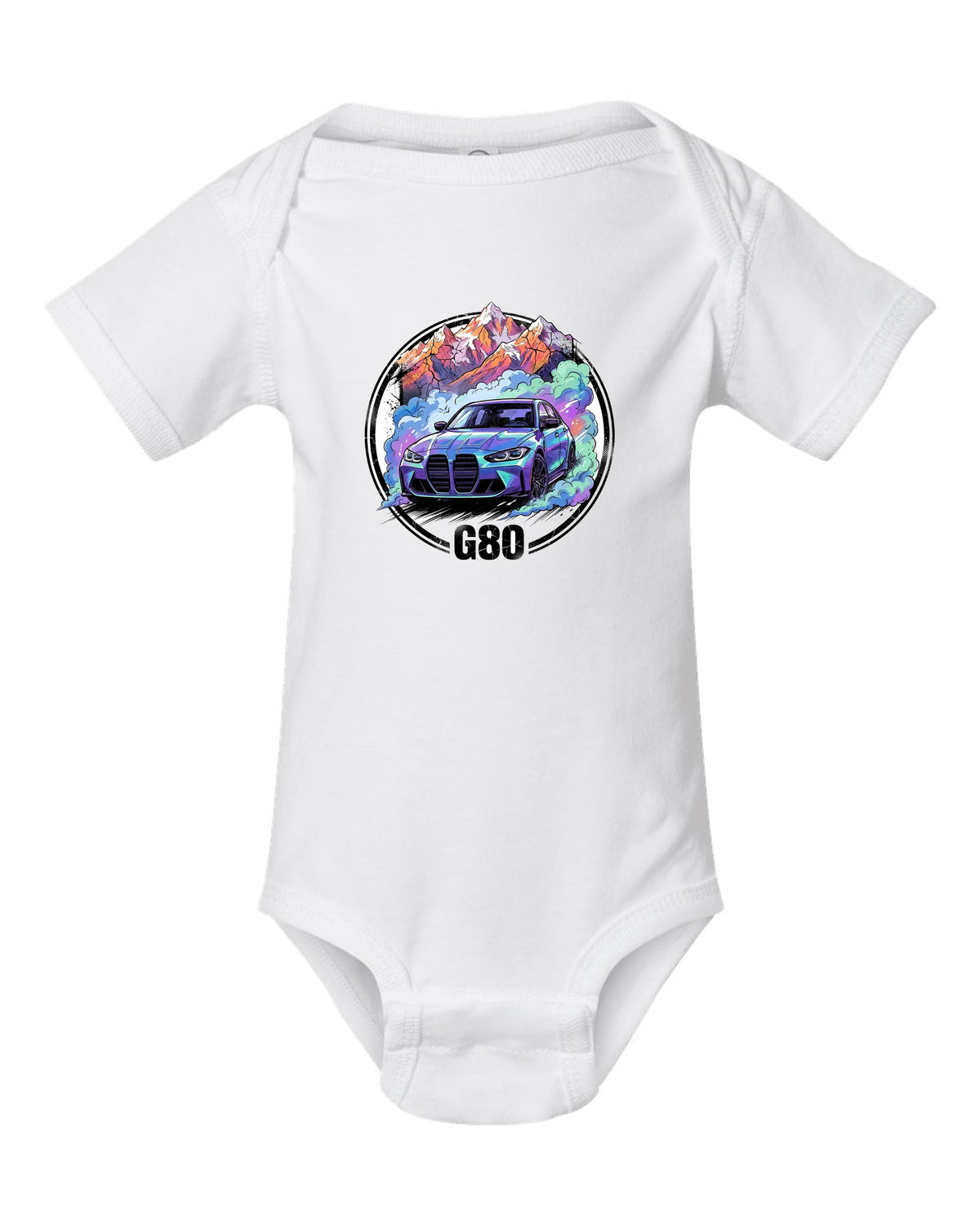 BMW M3 G80 Alps white baby onesie front view with the design