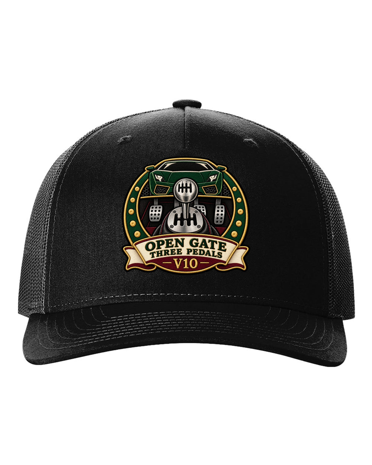 Embroidery-style crest of a 2004 Lamborghini Gallardo gated six-speed with open gate text black hat front view with the design