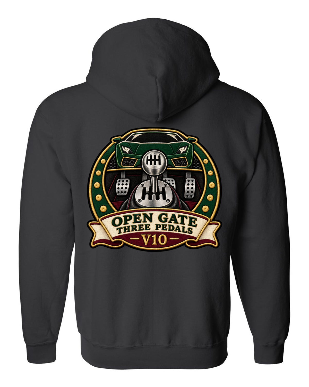 Embroidery-style crest of a 2004 Lamborghini Gallardo gated six-speed with open gate text black zip hoodie back view with the design