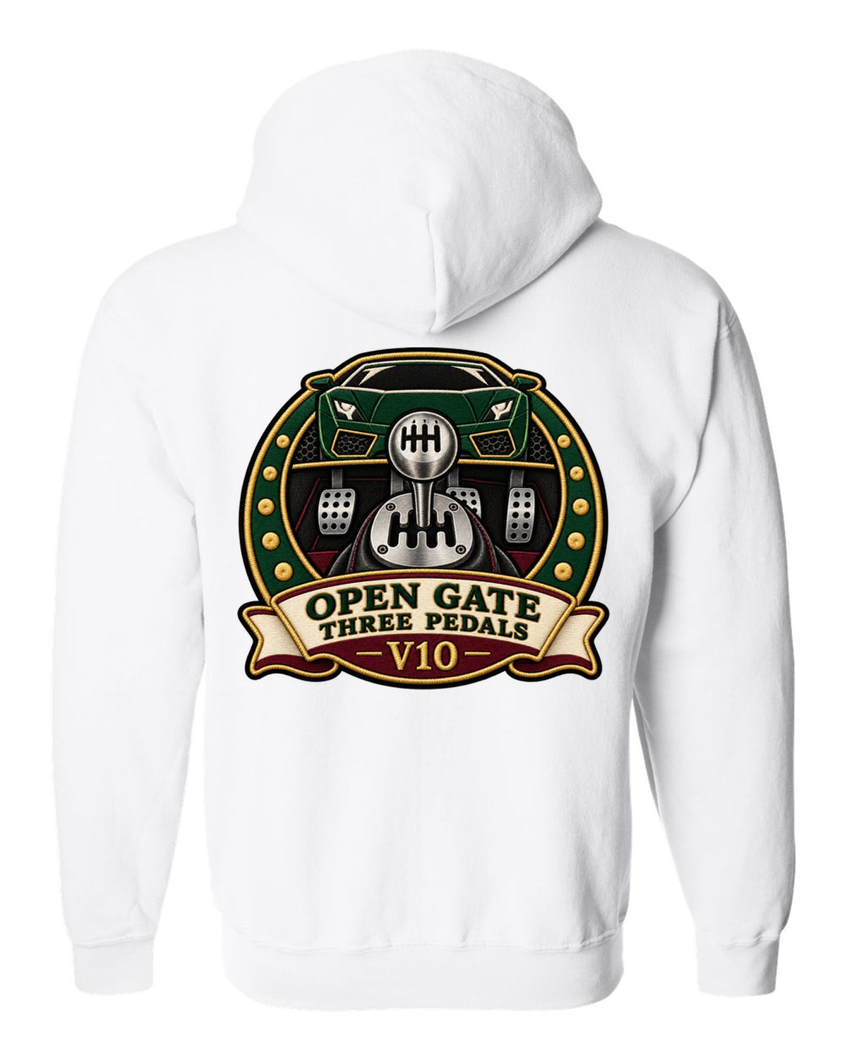 Embroidery-style crest of a 2004 Lamborghini Gallardo gated six-speed with open gate text white zip hoodie back view with the design