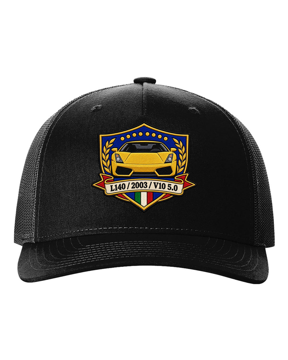 Embroidery-style crest for a 2003 Lamborghini Gallardo L140 with V10 5.0 text black hat front view with the design