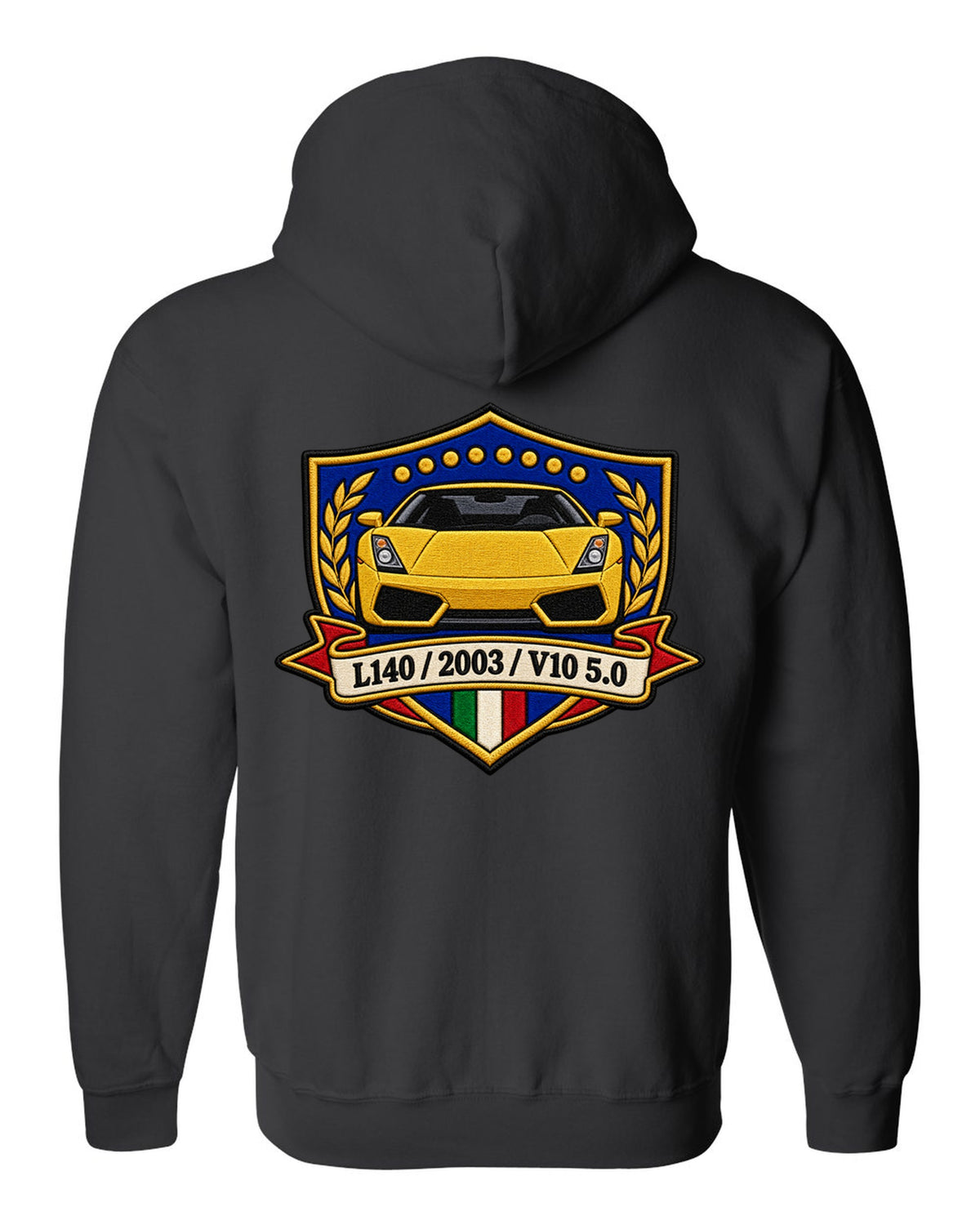 Embroidery-style crest for a 2003 Lamborghini Gallardo L140 with V10 5.0 text black zip hoodie back view with the design