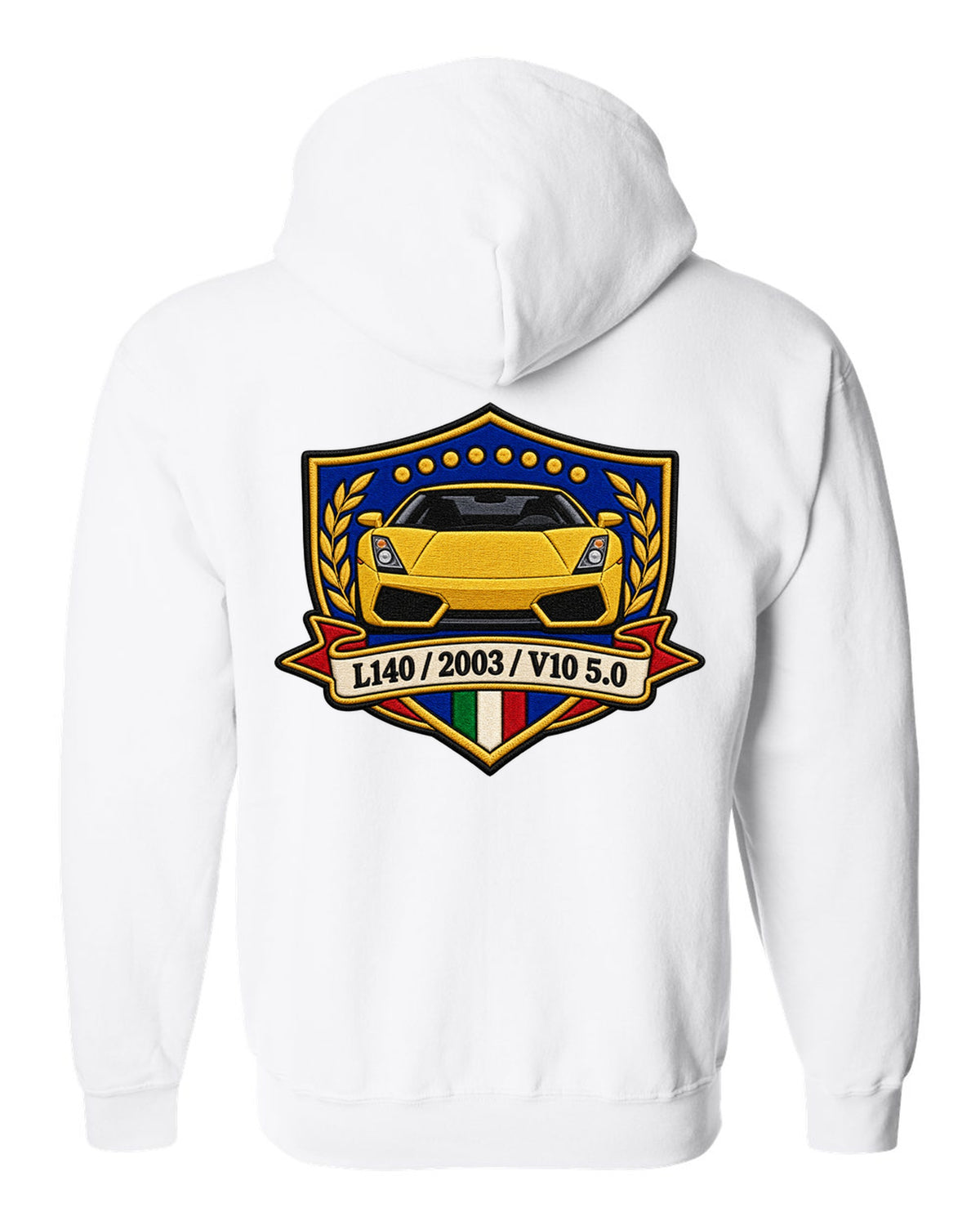 Embroidery-style crest for a 2003 Lamborghini Gallardo L140 with V10 5.0 text white zip hoodie back view with the design