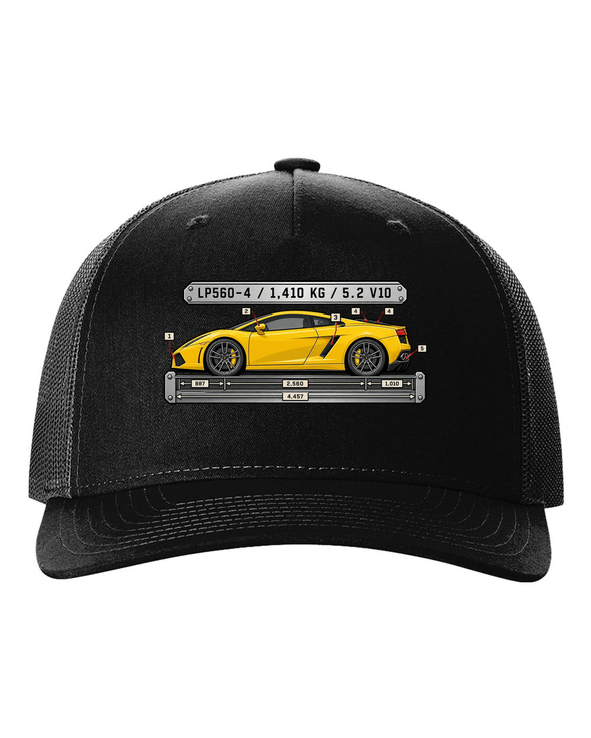 Spec-sheet data plate design for a Lamborghini Gallardo LP560-4 with weight and engine text black hat front view with the design
