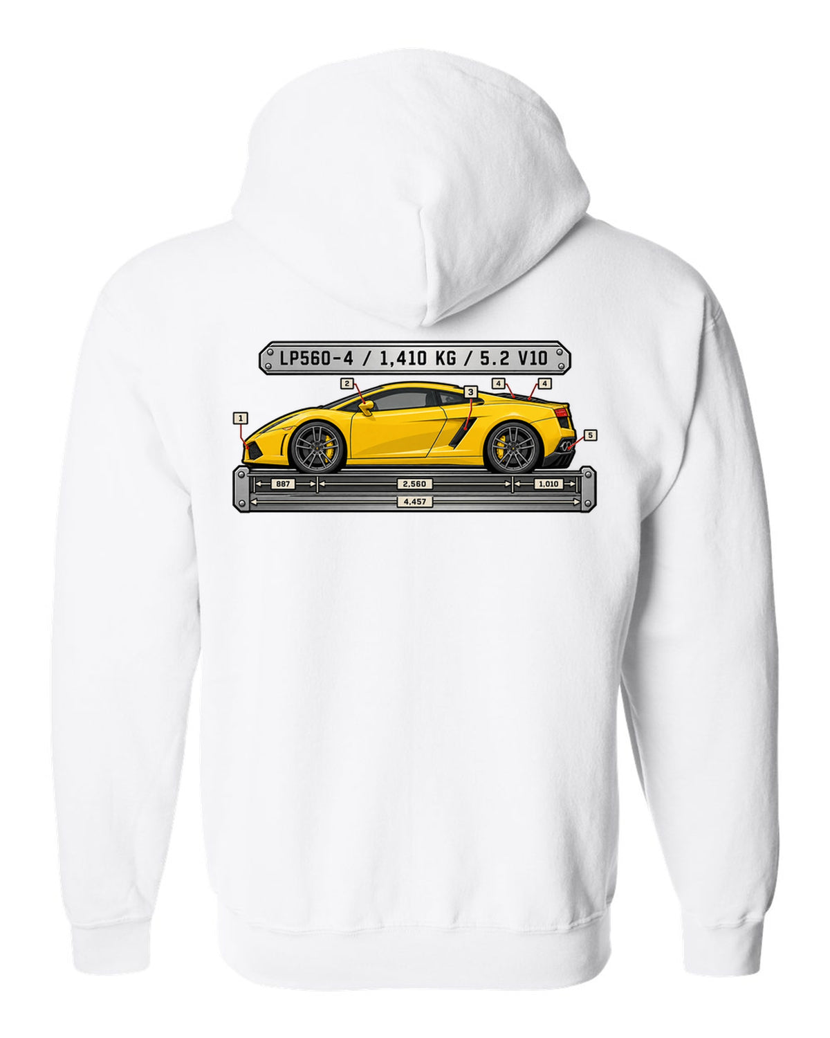 Spec-sheet data plate design for a Lamborghini Gallardo LP560-4 with weight and engine text white zip hoodie back view with the design