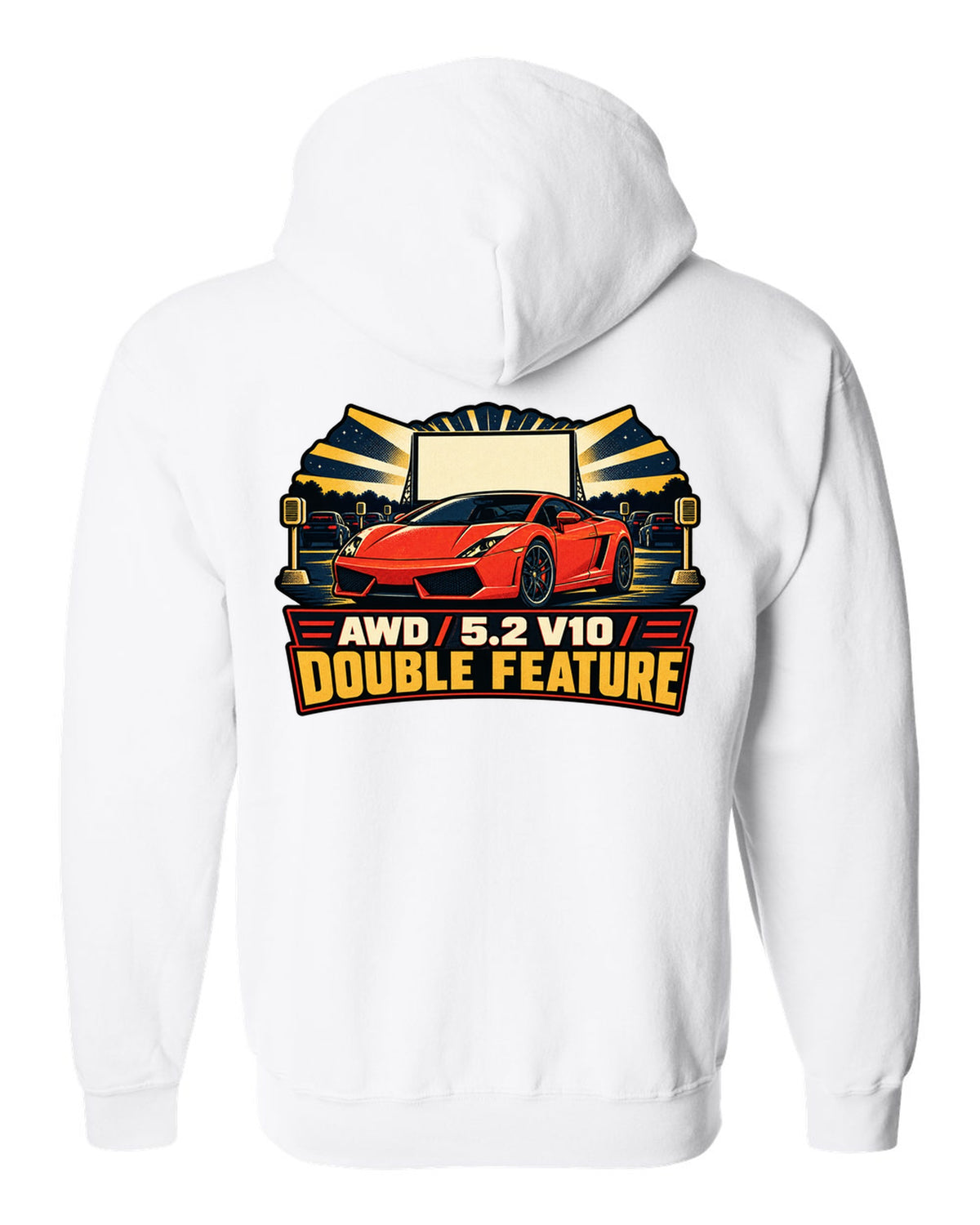 Vintage race poster style design of a Lamborghini Gallardo LP560-4 with AWD and V10 text white zip hoodie back view with the design