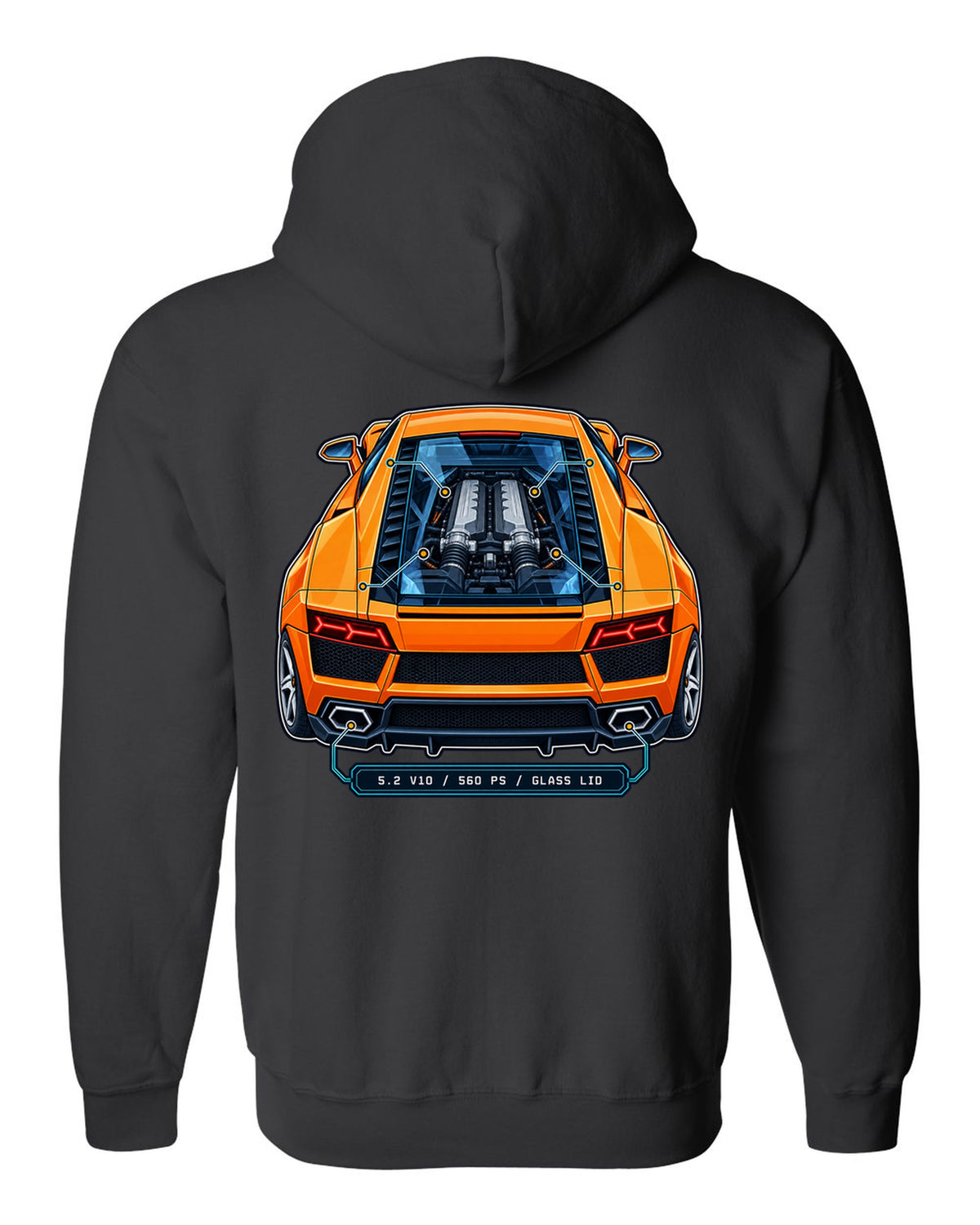 Patent-style technical drawing of a Lamborghini Gallardo LP560-4 with V10 under glass black zip hoodie back view with the design