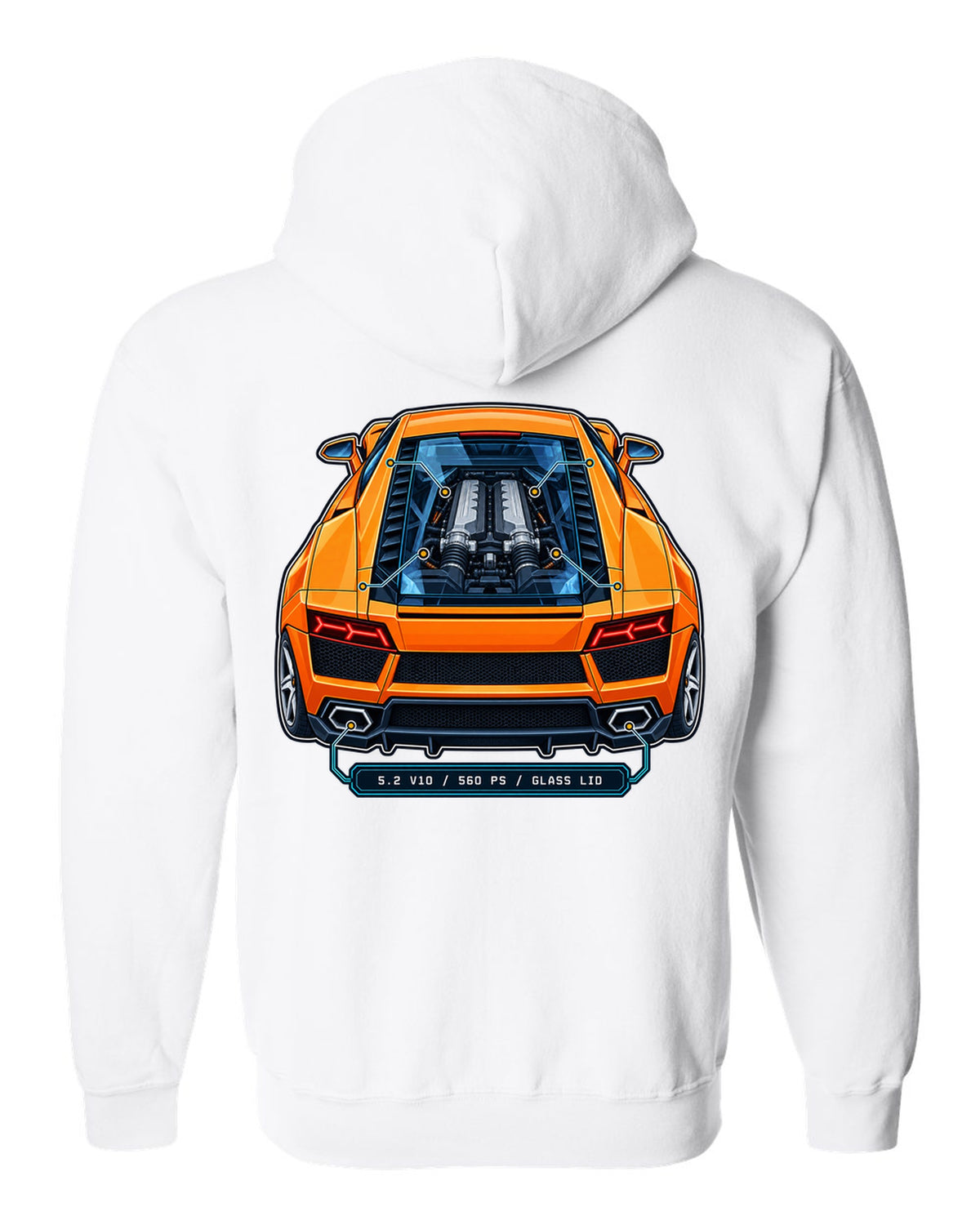 Patent-style technical drawing of a Lamborghini Gallardo LP560-4 with V10 under glass white zip hoodie back view with the design