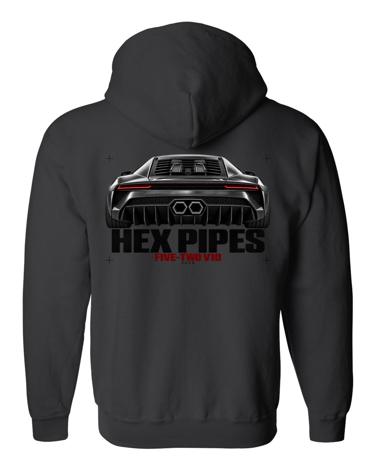 Exhaust macro print of a Lamborghini Gallardo LP560-4 with Hex Pipes and Five-Two V10 text black zip hoodie back view with the design