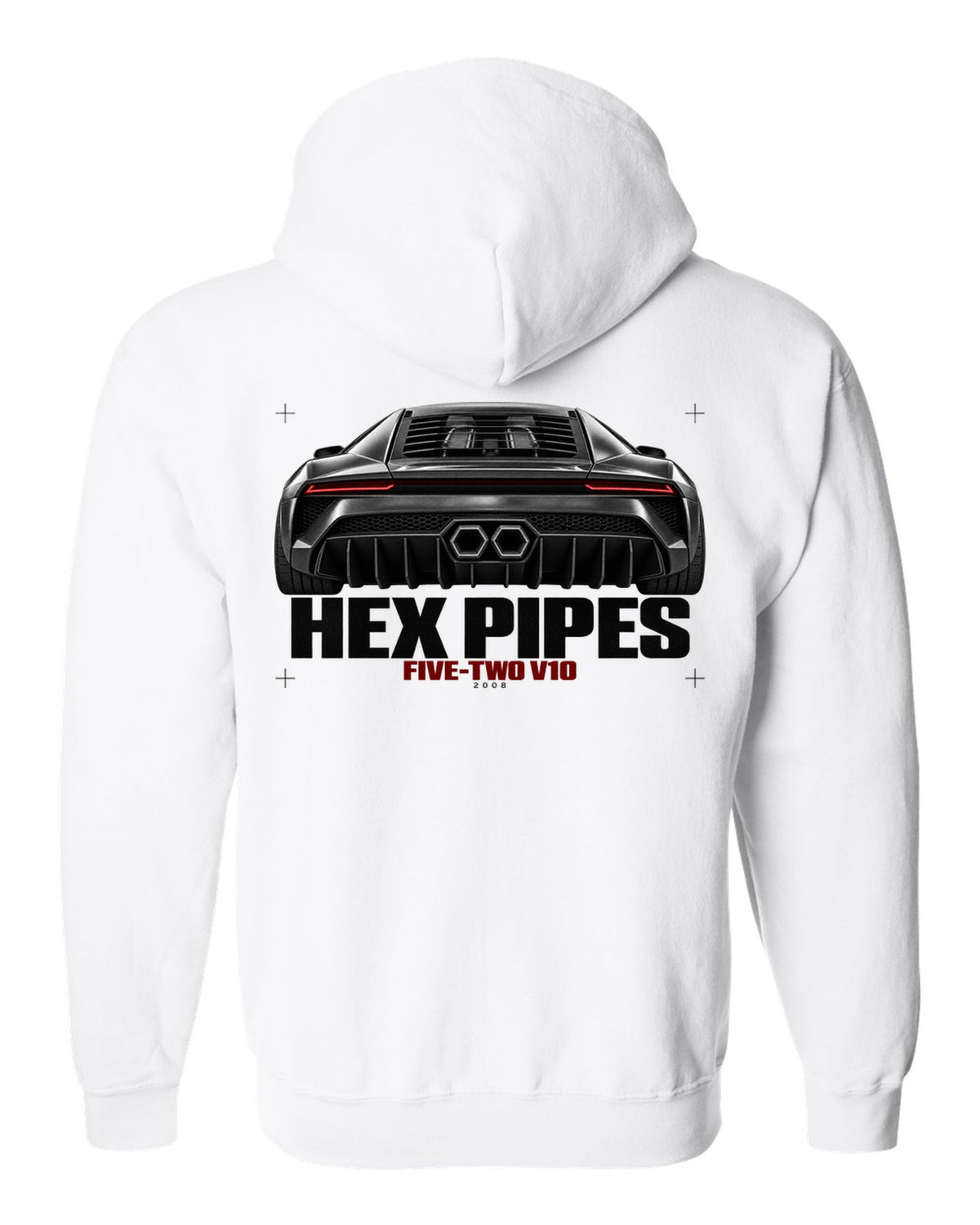 Exhaust macro print of a Lamborghini Gallardo LP560-4 with Hex Pipes and Five-Two V10 text white zip hoodie back view with the design