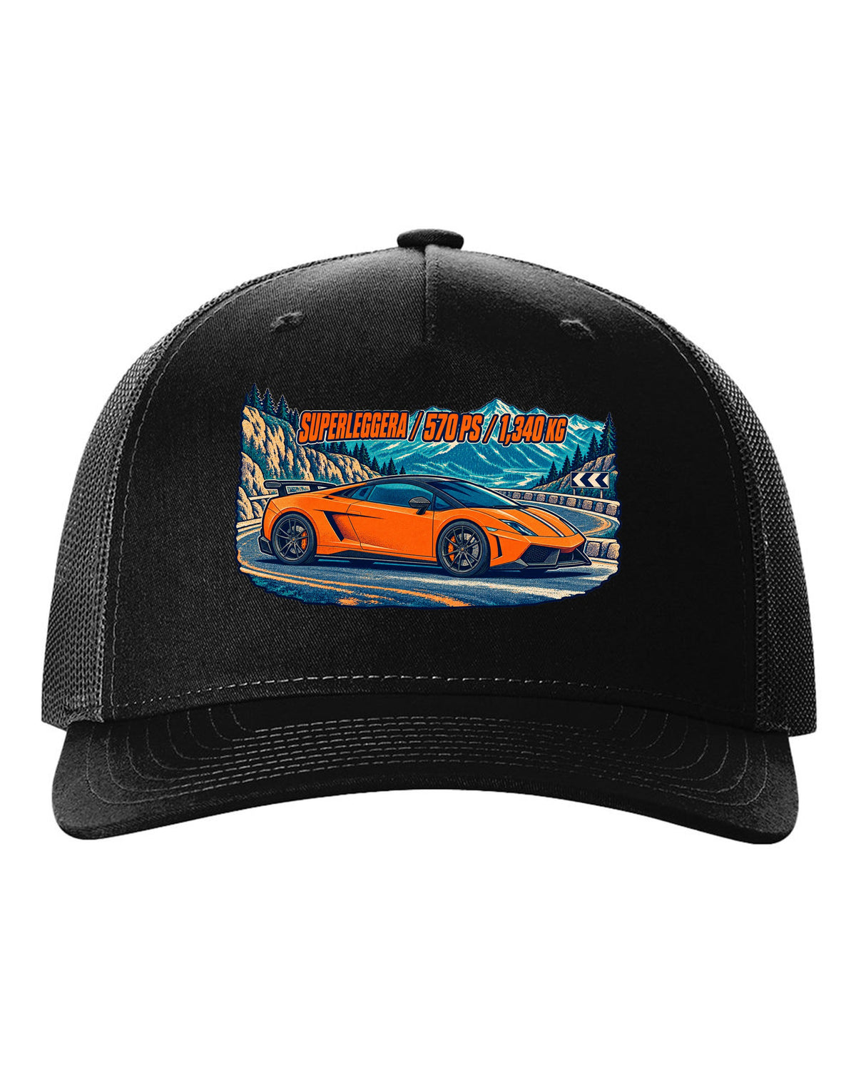Three-colour risograph design of a Lamborghini Gallardo LP570-4 Superleggera on a mountain pass black hat front view with the design