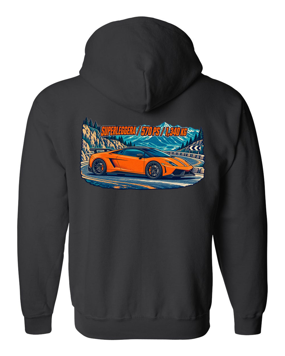 Three-colour risograph design of a Lamborghini Gallardo LP570-4 Superleggera on a mountain pass black zip hoodie back view with the design