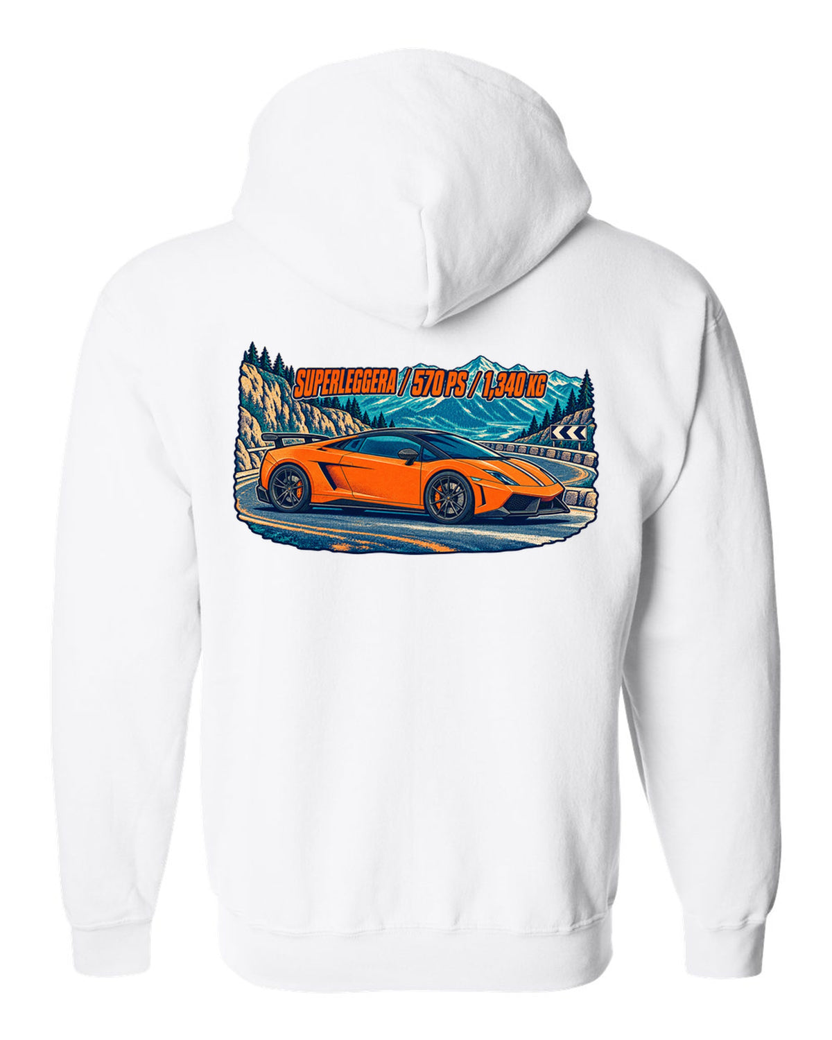 Three-colour risograph design of a Lamborghini Gallardo LP570-4 Superleggera on a mountain pass white zip hoodie back view with the design