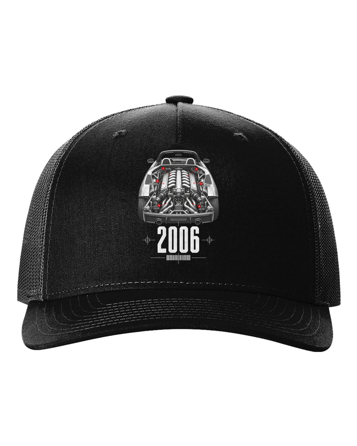 Engine hero print of a Lamborghini Gallardo Spyder with 5.0 V10 and 90 Degrees text black hat front view with the design