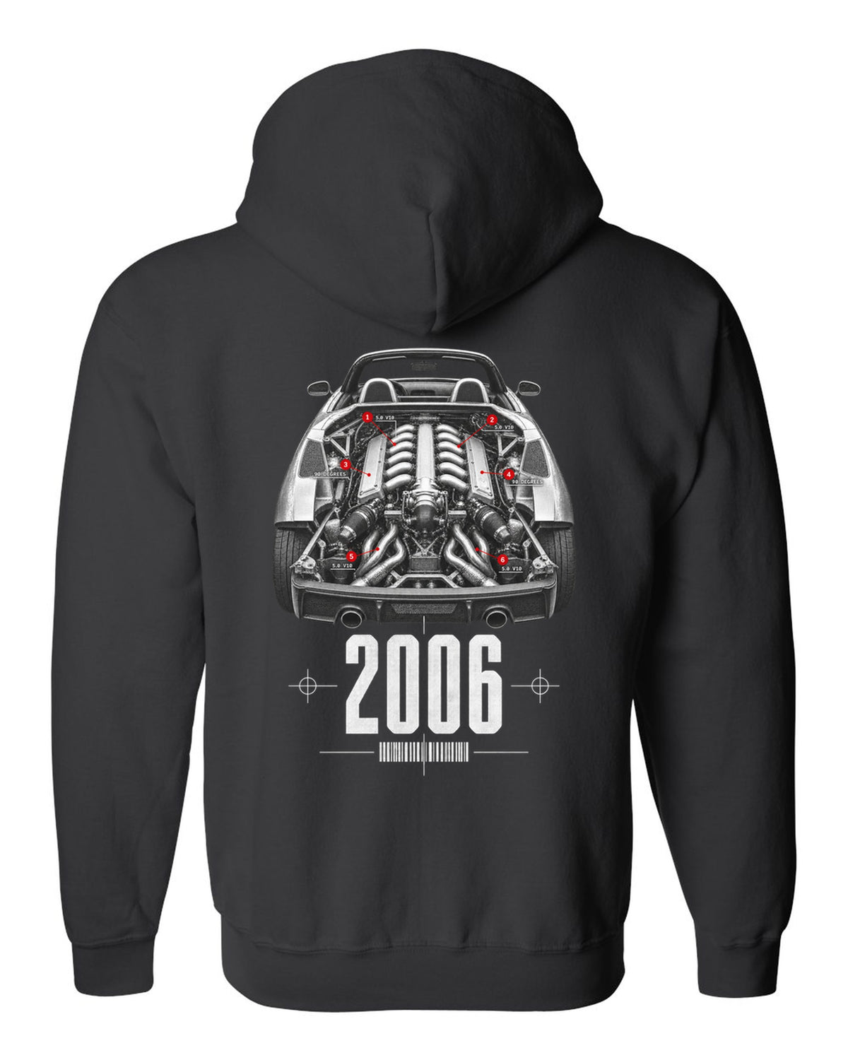 Engine hero print of a Lamborghini Gallardo Spyder with 5.0 V10 and 90 Degrees text black zip hoodie back view with the design