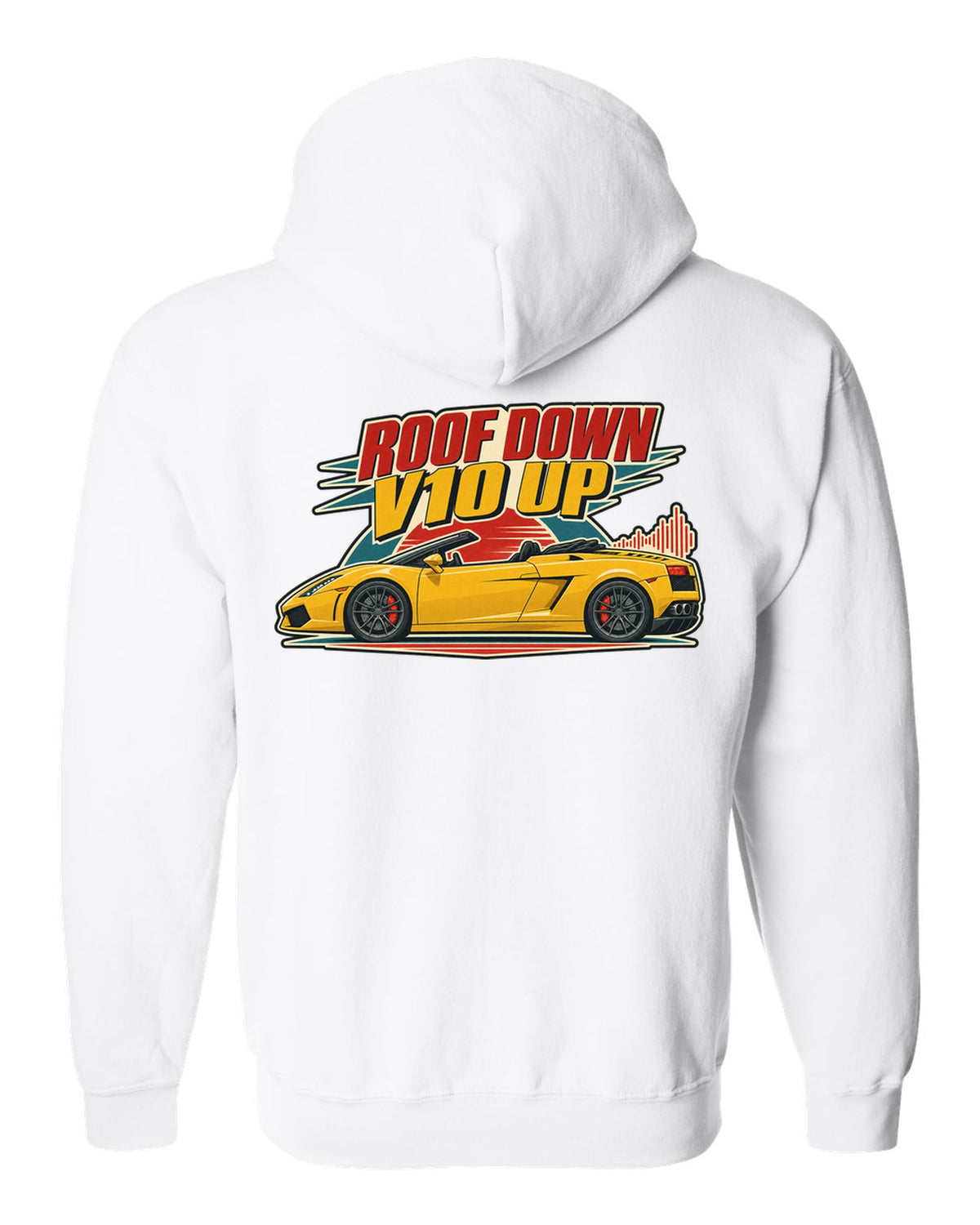 Vintage 1960s lithograph poster of a Lamborghini Gallardo Spyder LP560-4 with the text ROOF DOWN / V10 UP white zip hoodie back view with the design