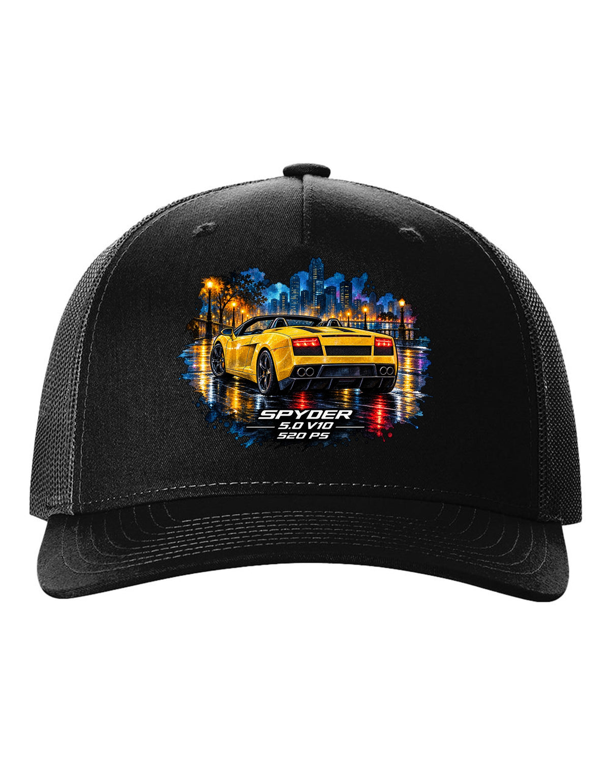 Watercolour wet-road night scene of a Lamborghini Gallardo Spyder with V10 and 520 PS text black hat front view with the design