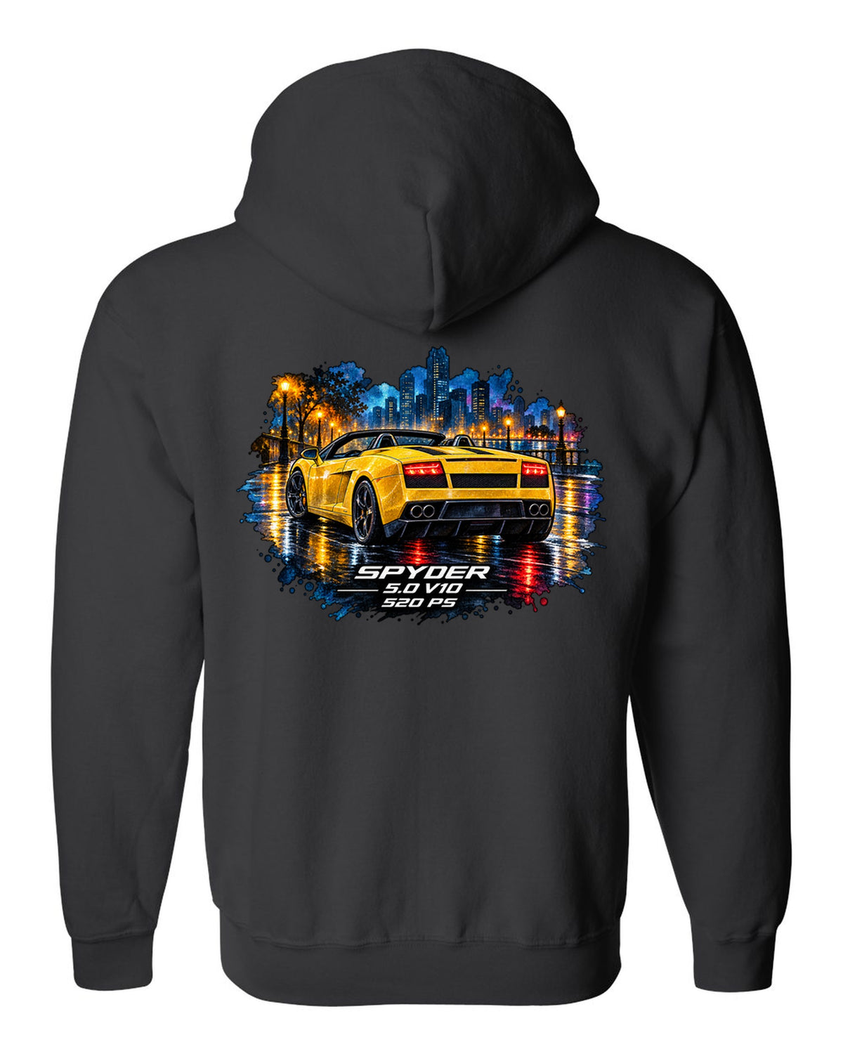 Watercolour wet-road night scene of a Lamborghini Gallardo Spyder with V10 and 520 PS text black zip hoodie back view with the design