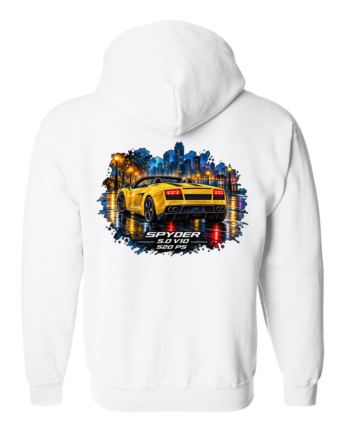 Watercolour wet-road night scene of a Lamborghini Gallardo Spyder with V10 and 520 PS text white zip hoodie back view with the design