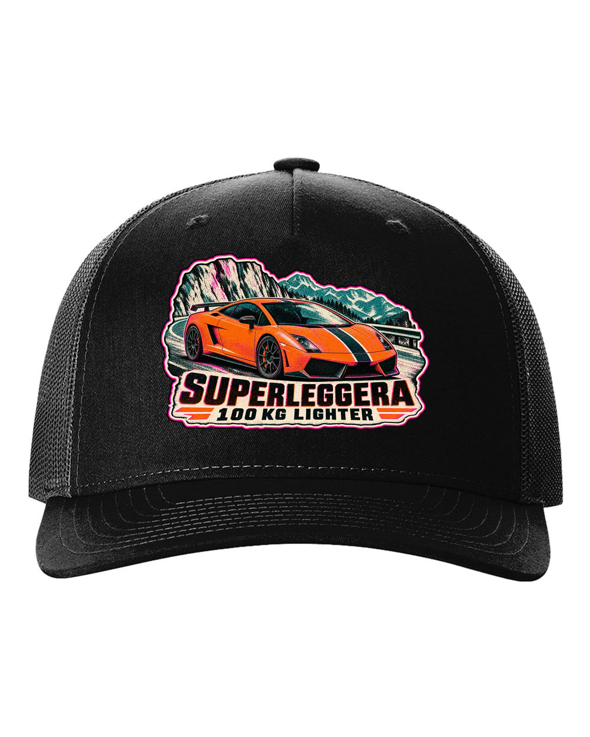 Risograph-style Lamborghini Gallardo Superleggera design with 100 KG lighter lettering black hat front view with the design