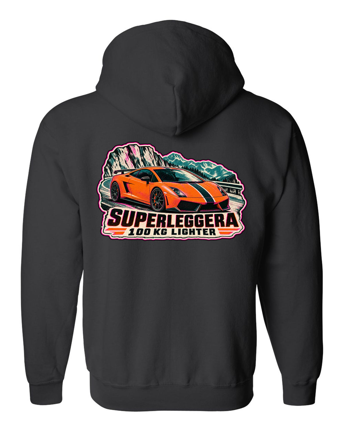 Risograph-style Lamborghini Gallardo Superleggera design with 100 KG lighter lettering black zip hoodie back view with the design
