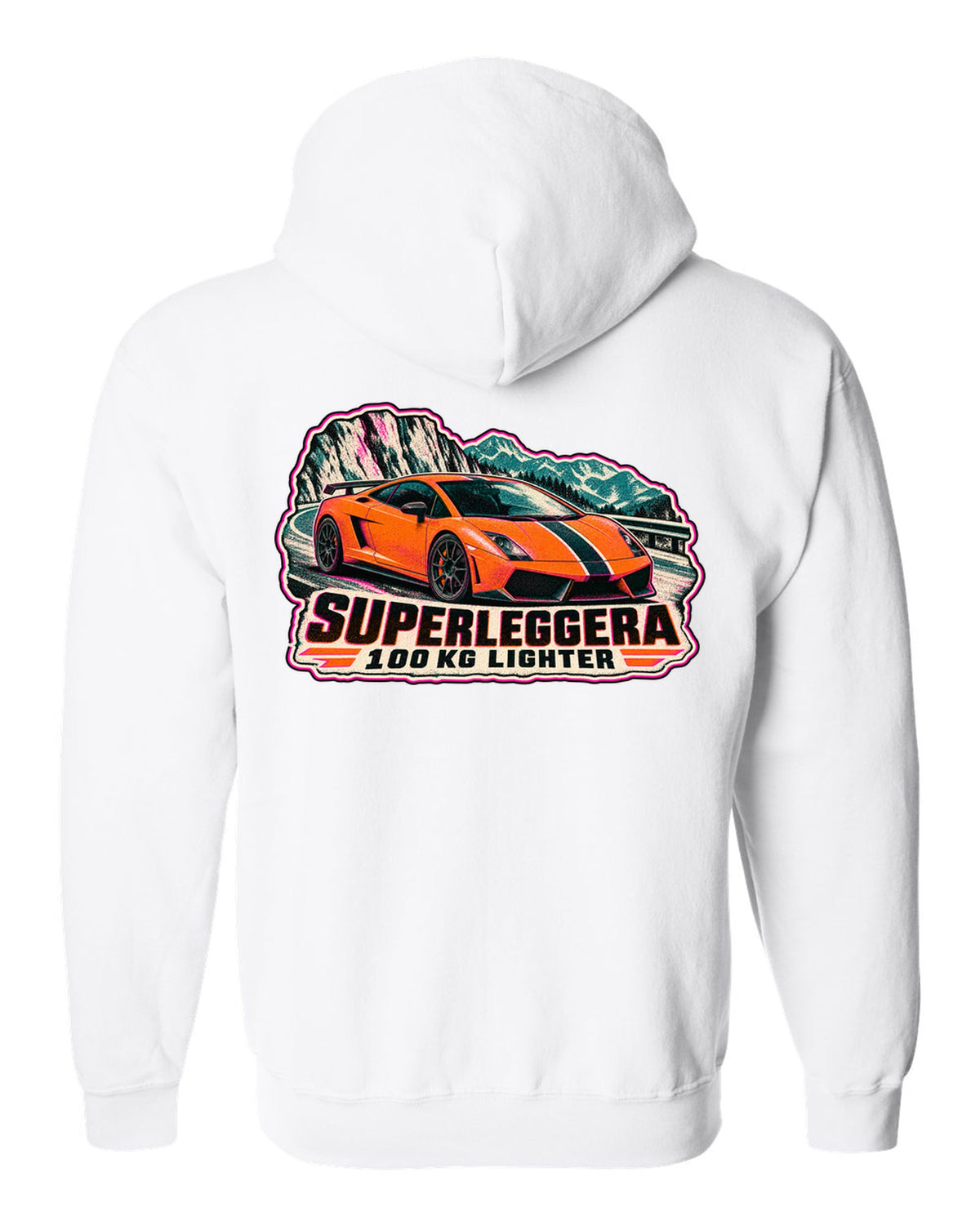 Risograph-style Lamborghini Gallardo Superleggera design with 100 KG lighter lettering white zip hoodie back view with the design