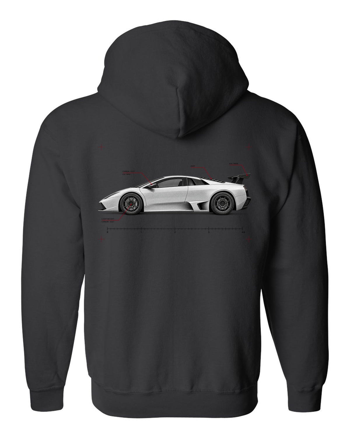 Spec poster print of a Lamborghini Gallardo Superleggera with 618 made and Carbon Diet text black zip hoodie back view with the design
