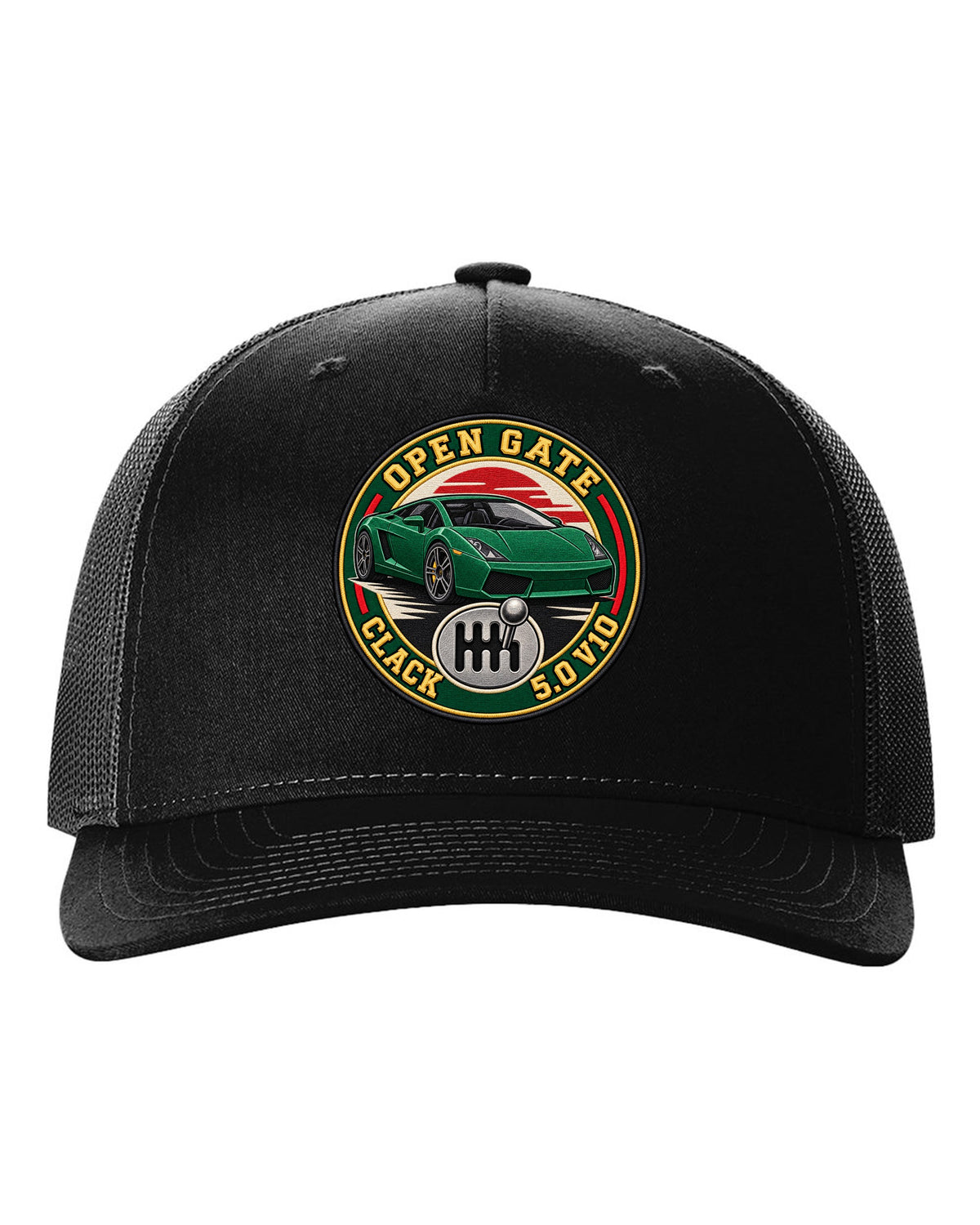 Embroidery-style crest of a Lamborghini Gallardo open-gate six-speed manual with V10 text black hat front view with the design
