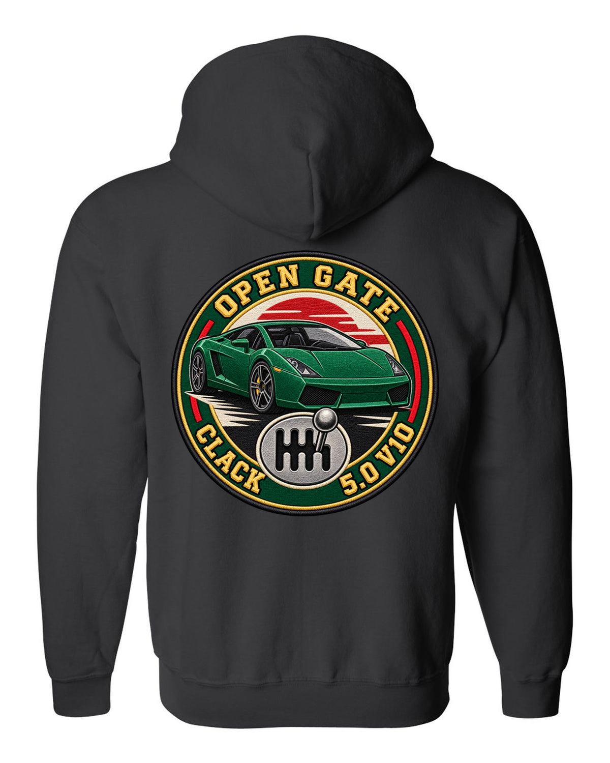 Embroidery-style crest of a Lamborghini Gallardo open-gate six-speed manual with V10 text black zip hoodie back view with the design