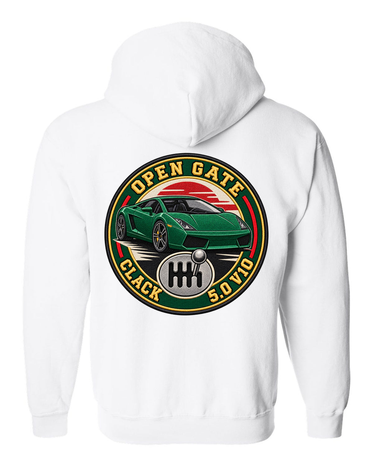 Embroidery-style crest of a Lamborghini Gallardo open-gate six-speed manual with V10 text white zip hoodie back view with the design