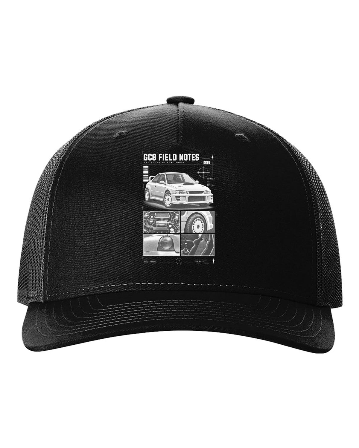 Subaru Impreza WRX GC8 coupe 1998 field notes dossier panels black hat front view with the design