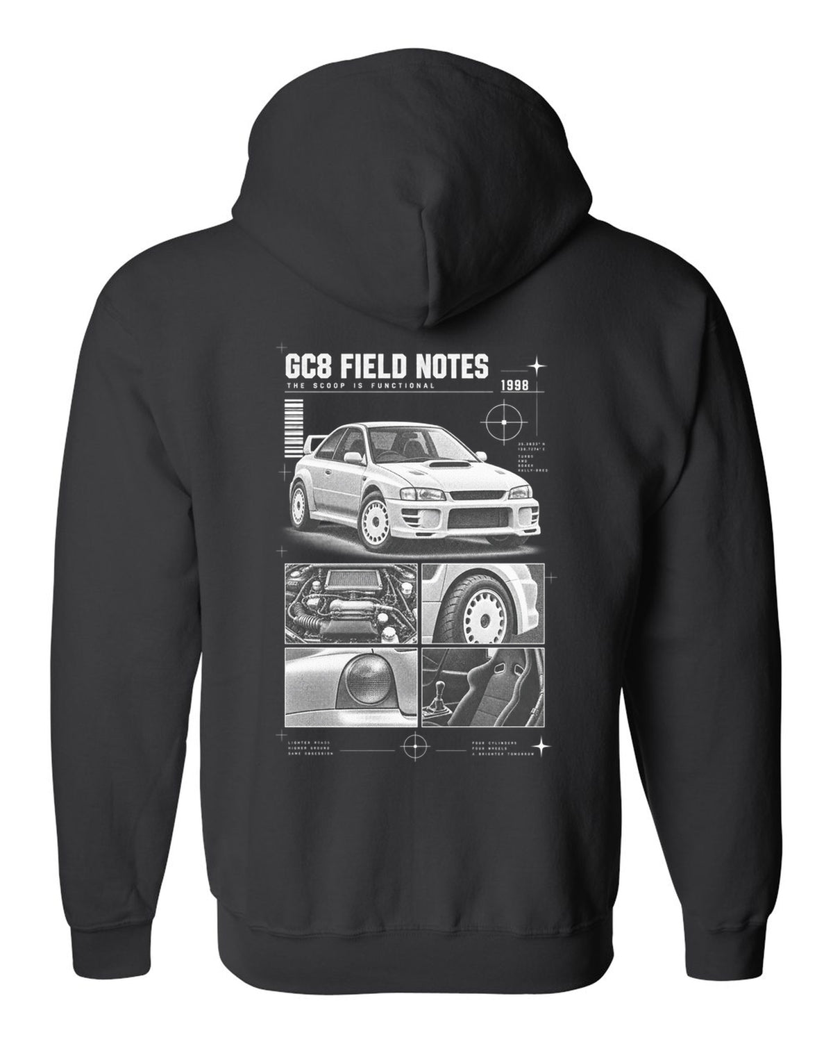 Subaru Impreza WRX GC8 coupe 1998 field notes dossier panels black zip hoodie back view with the design