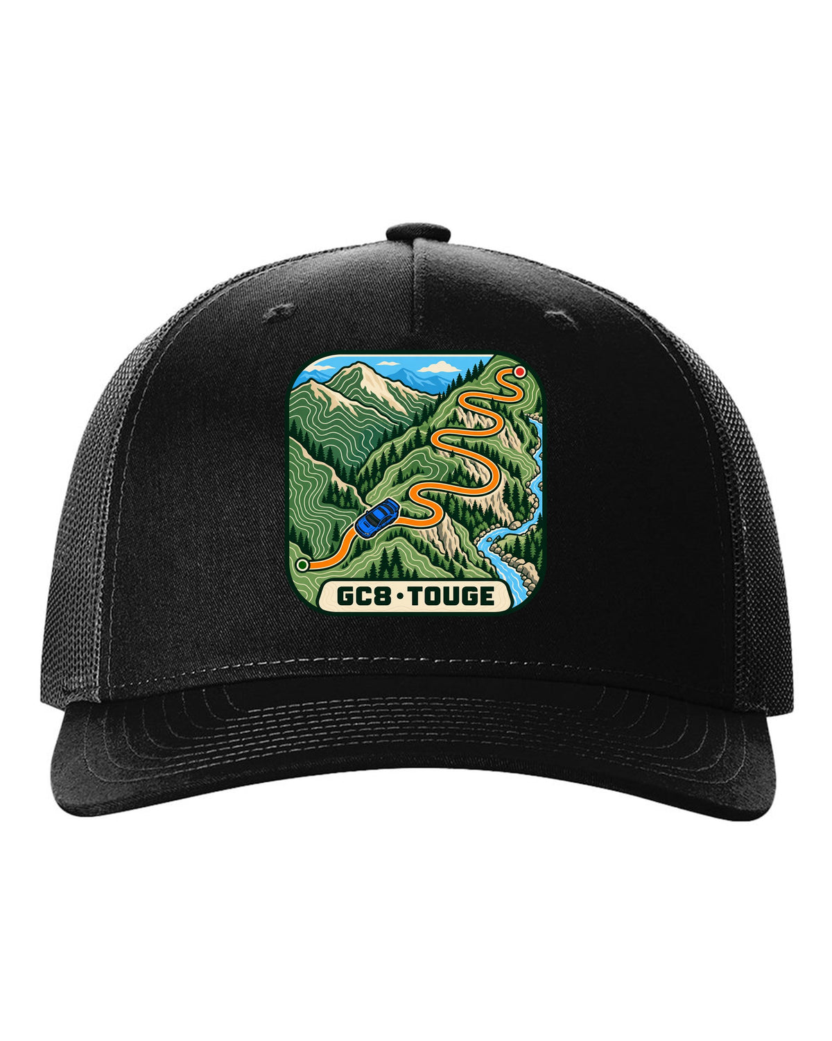 Subaru Impreza WRX GC8 touge route drawn as a topographic contour map, GC8 / TOUGE black hat front view with the design