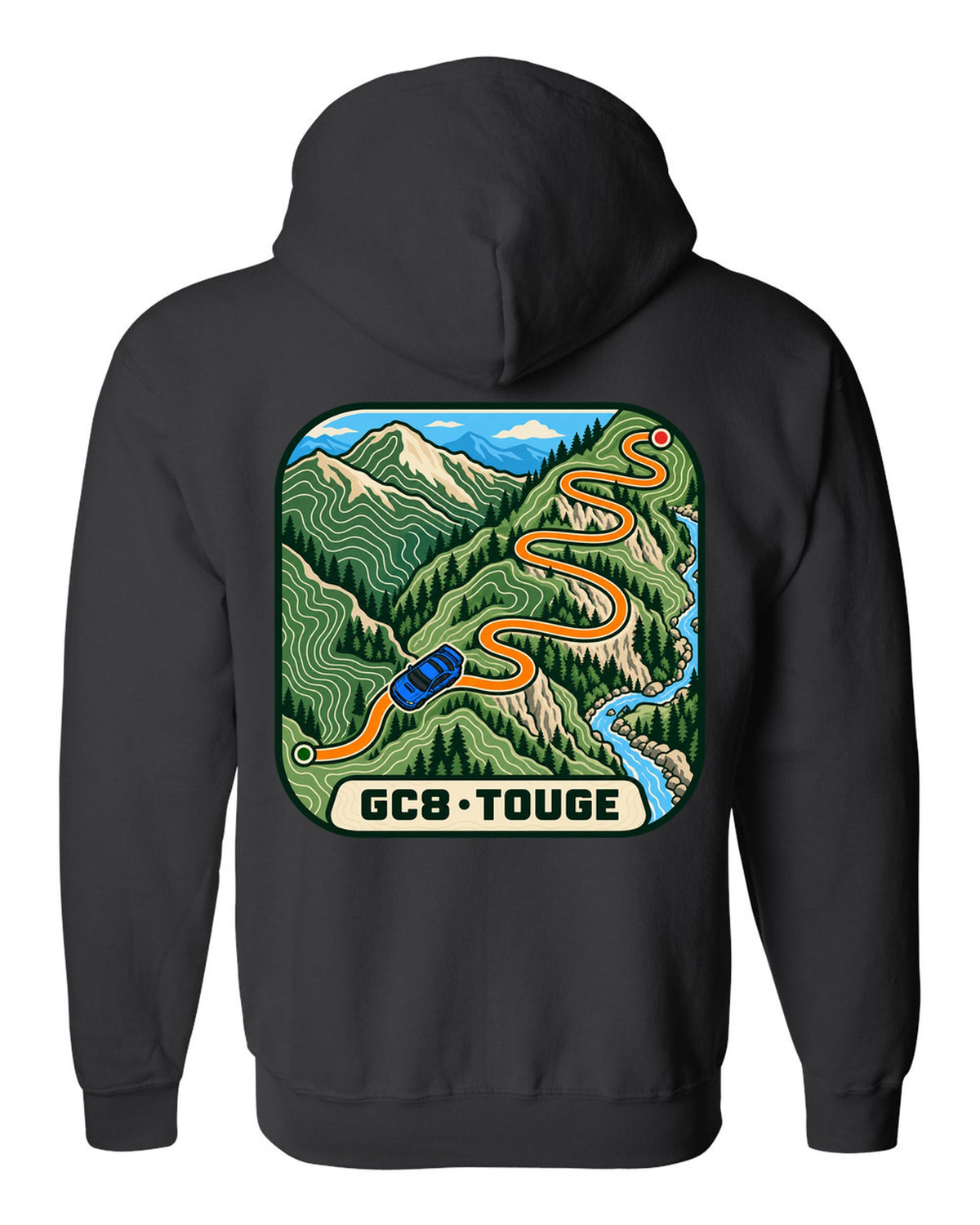 Subaru Impreza WRX GC8 touge route drawn as a topographic contour map, GC8 / TOUGE black zip hoodie back view with the design