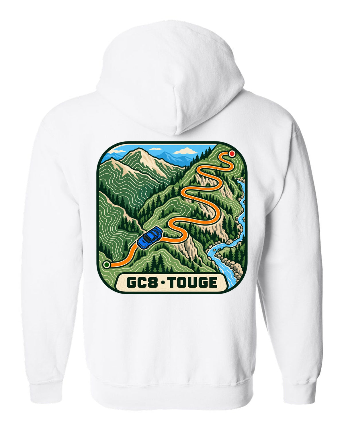 Subaru Impreza WRX GC8 touge route drawn as a topographic contour map, GC8 / TOUGE white zip hoodie back view with the design
