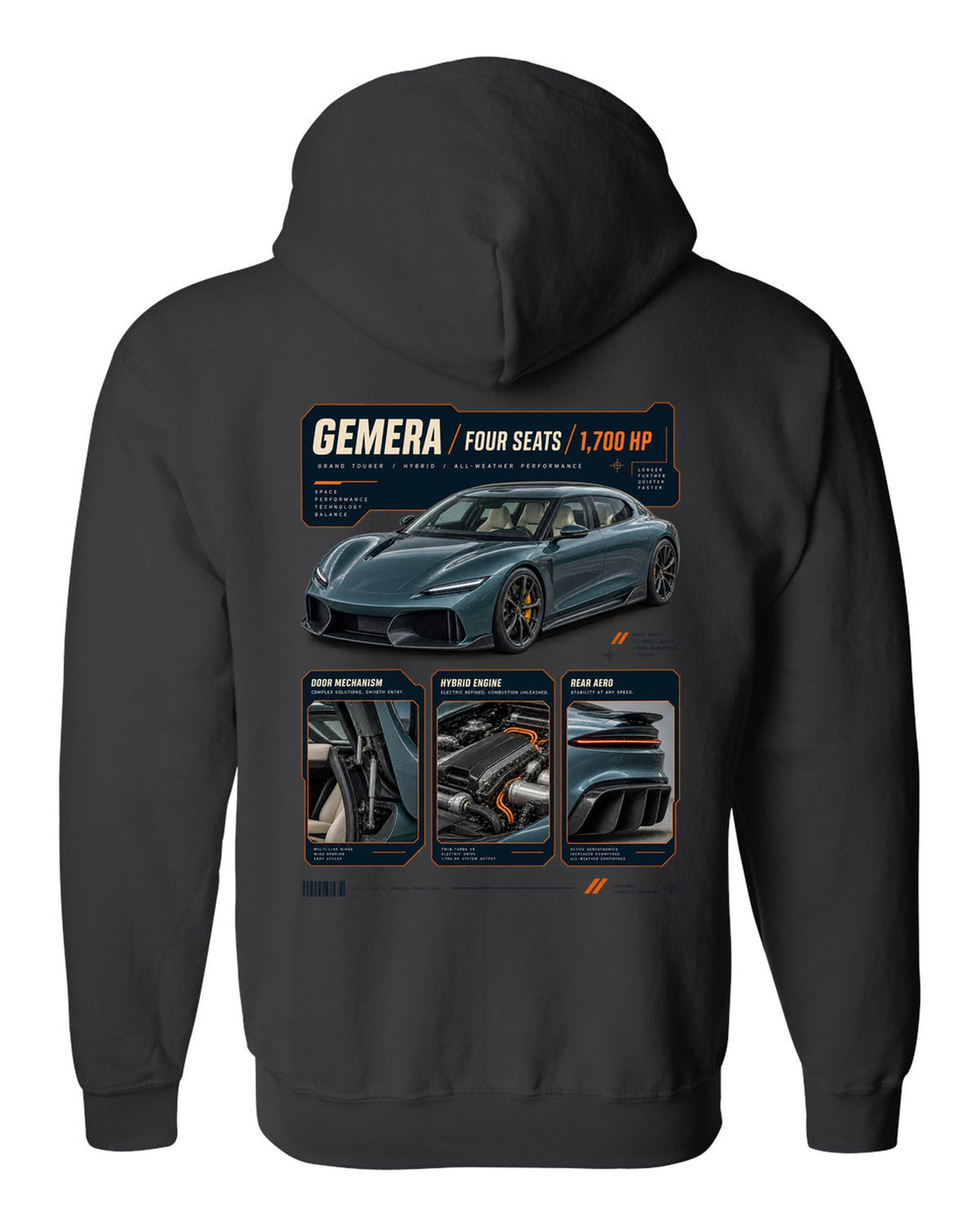 Dossier panel print of the Koenigsegg Gemera with the text Gemera, Mega-GT, four seats, 2020 reveal black zip hoodie back view with the design