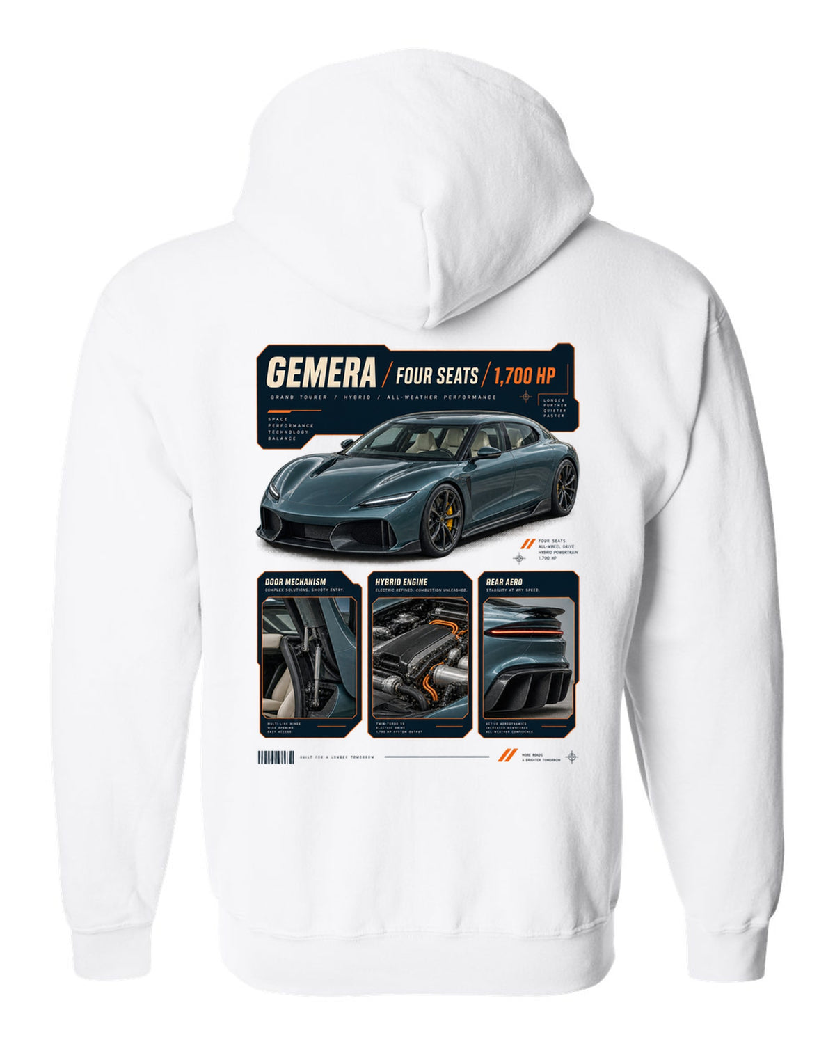 Dossier panel print of the Koenigsegg Gemera with the text Gemera, Mega-GT, four seats, 2020 reveal white zip hoodie back view with the design