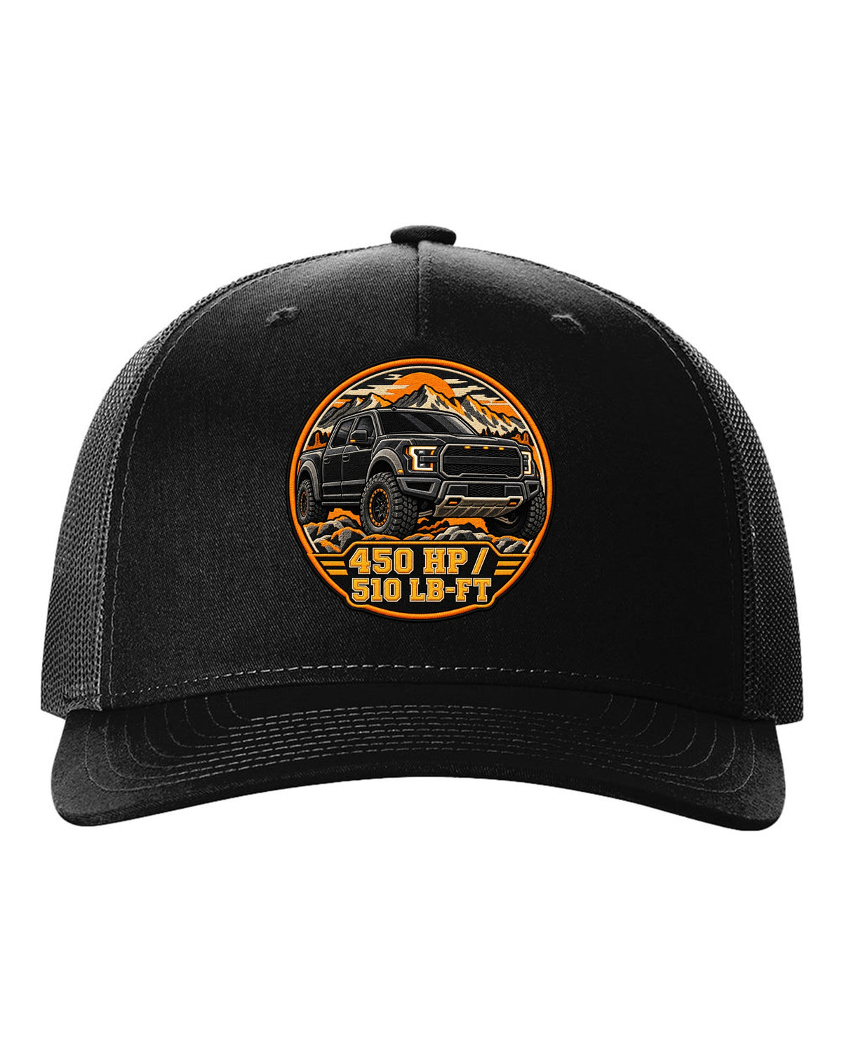 Varsity crest print for a 2017-20 Gen 2 Ford F-150 Raptor P552 with 450 hp text black hat front view with the design