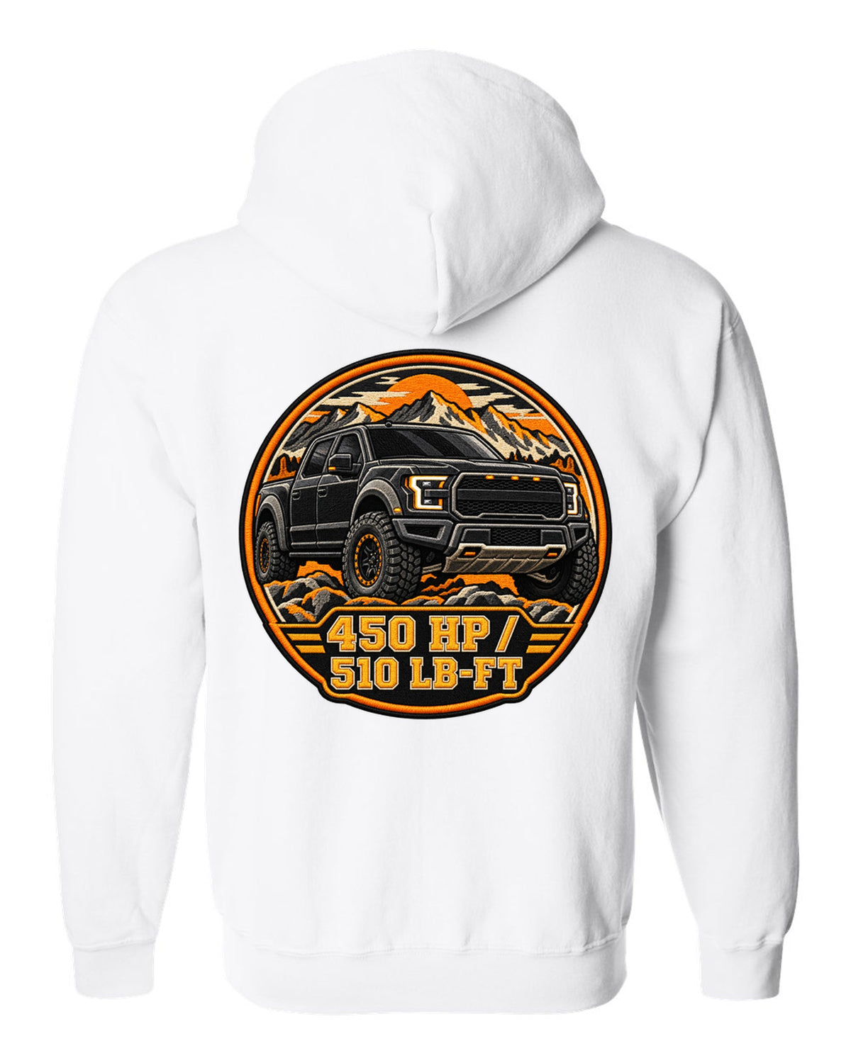 Varsity crest print for a 2017-20 Gen 2 Ford F-150 Raptor P552 with 450 hp text white zip hoodie back view with the design
