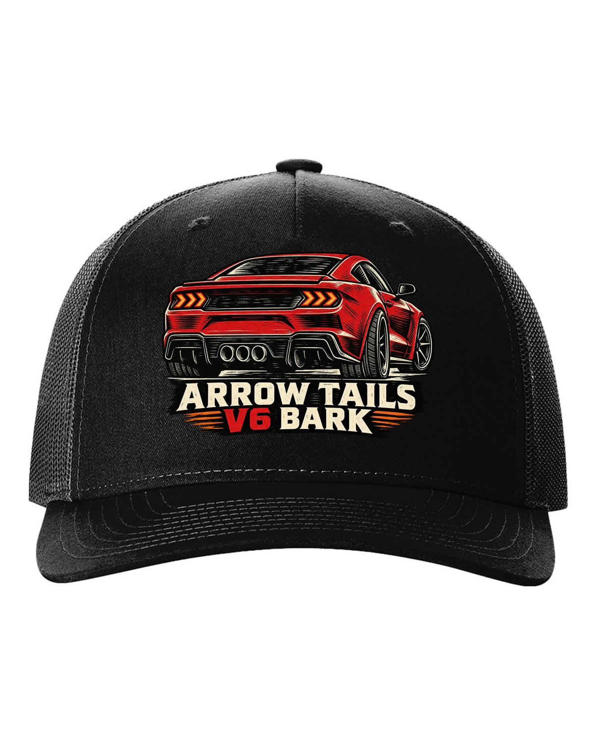 Linocut woodcut print of a Hyundai Genesis Coupe BK2 rear with arrow tails V6 bark text black hat front view with the design