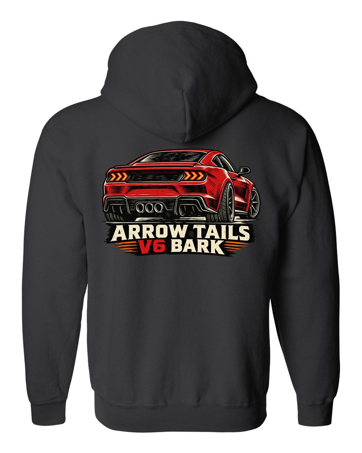 Linocut woodcut print of a Hyundai Genesis Coupe BK2 rear with arrow tails V6 bark text black zip hoodie back view with the design