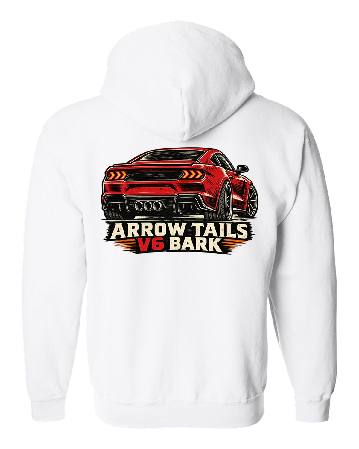 Linocut woodcut print of a Hyundai Genesis Coupe BK2 rear with arrow tails V6 bark text white zip hoodie back view with the design