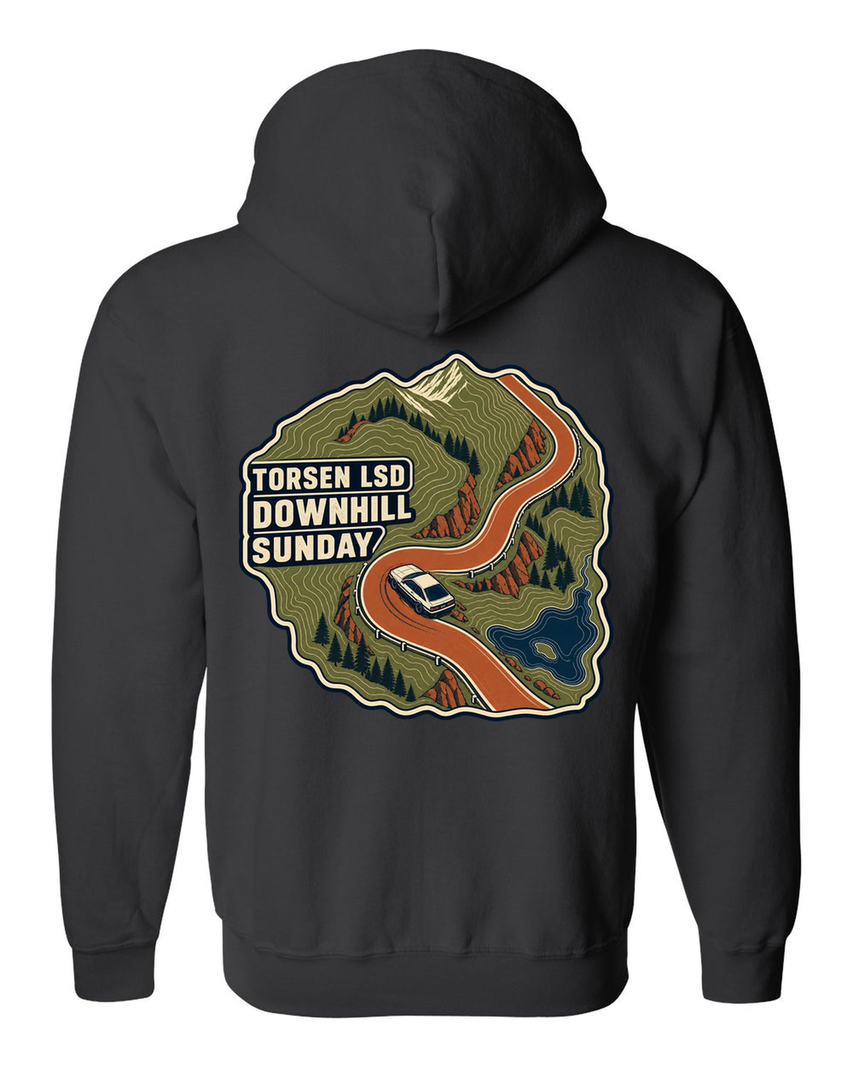 Topographic route map print for a Hyundai Genesis Coupe BK2 with Torsen LSD downhill Sunday text black zip hoodie back view with the design