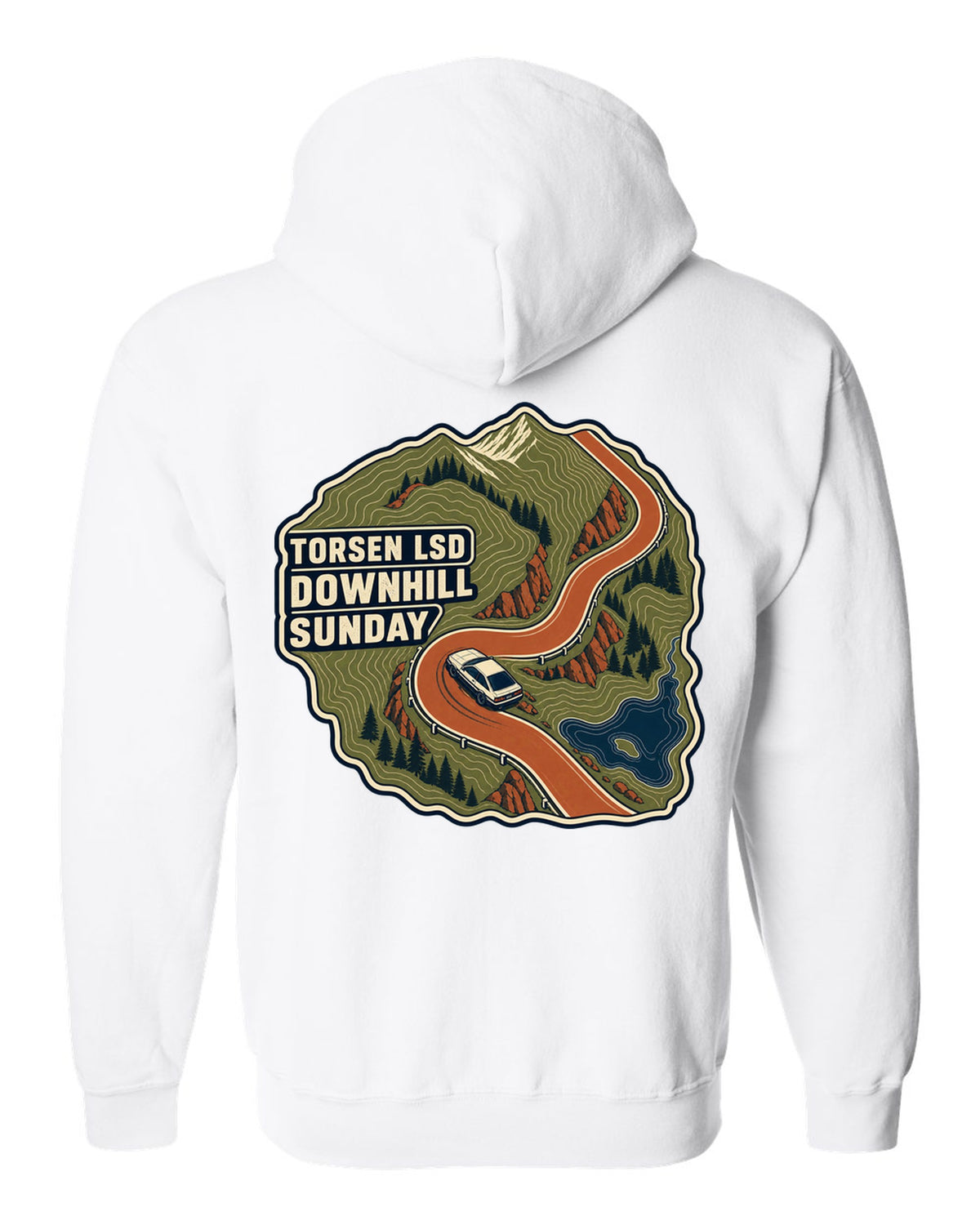 Topographic route map print for a Hyundai Genesis Coupe BK2 with Torsen LSD downhill Sunday text white zip hoodie back view with the design