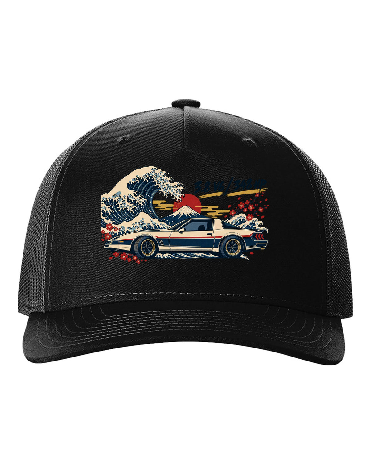 Ukiyo-e woodblock print of a Hyundai Genesis Coupe BK2 with 3.8 V6 348 HP text black hat front view with the design